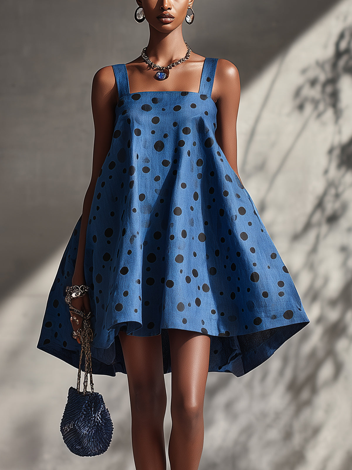 Blue Polka Dot Sleeveless A-Line Mini Dress With High-Low Hem