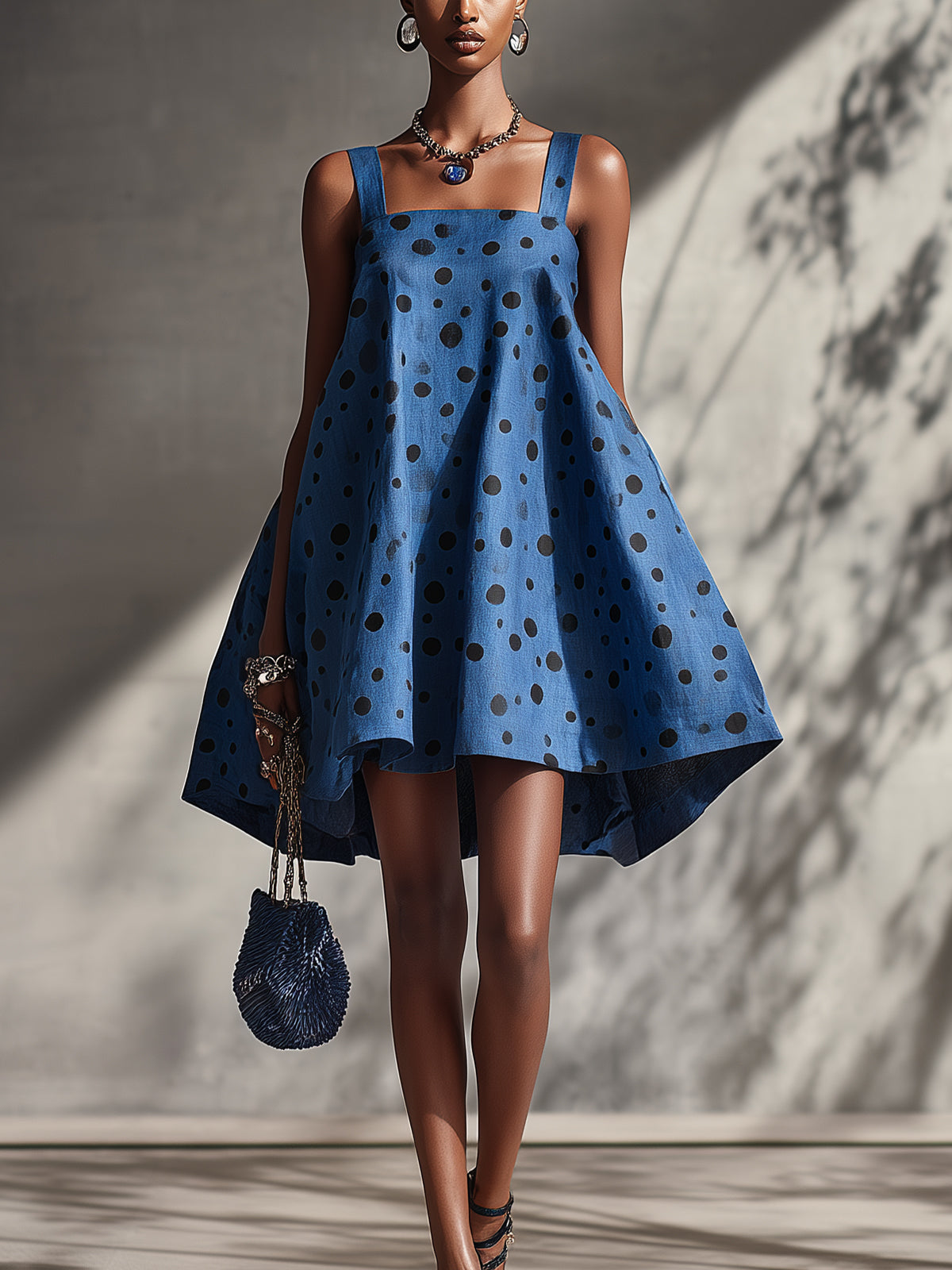 Blue Polka Dot Sleeveless A-Line Mini Dress With High-Low Hem