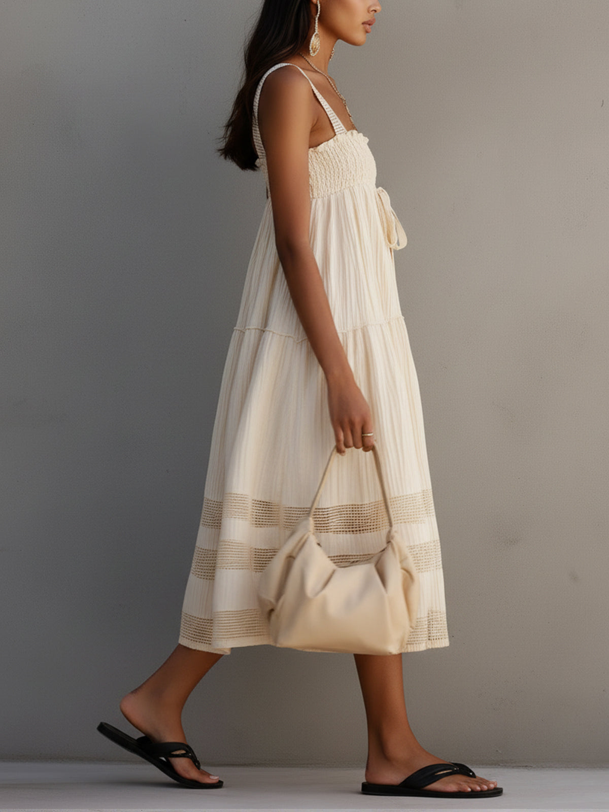 Cream Midi Dress With Crochet Strap