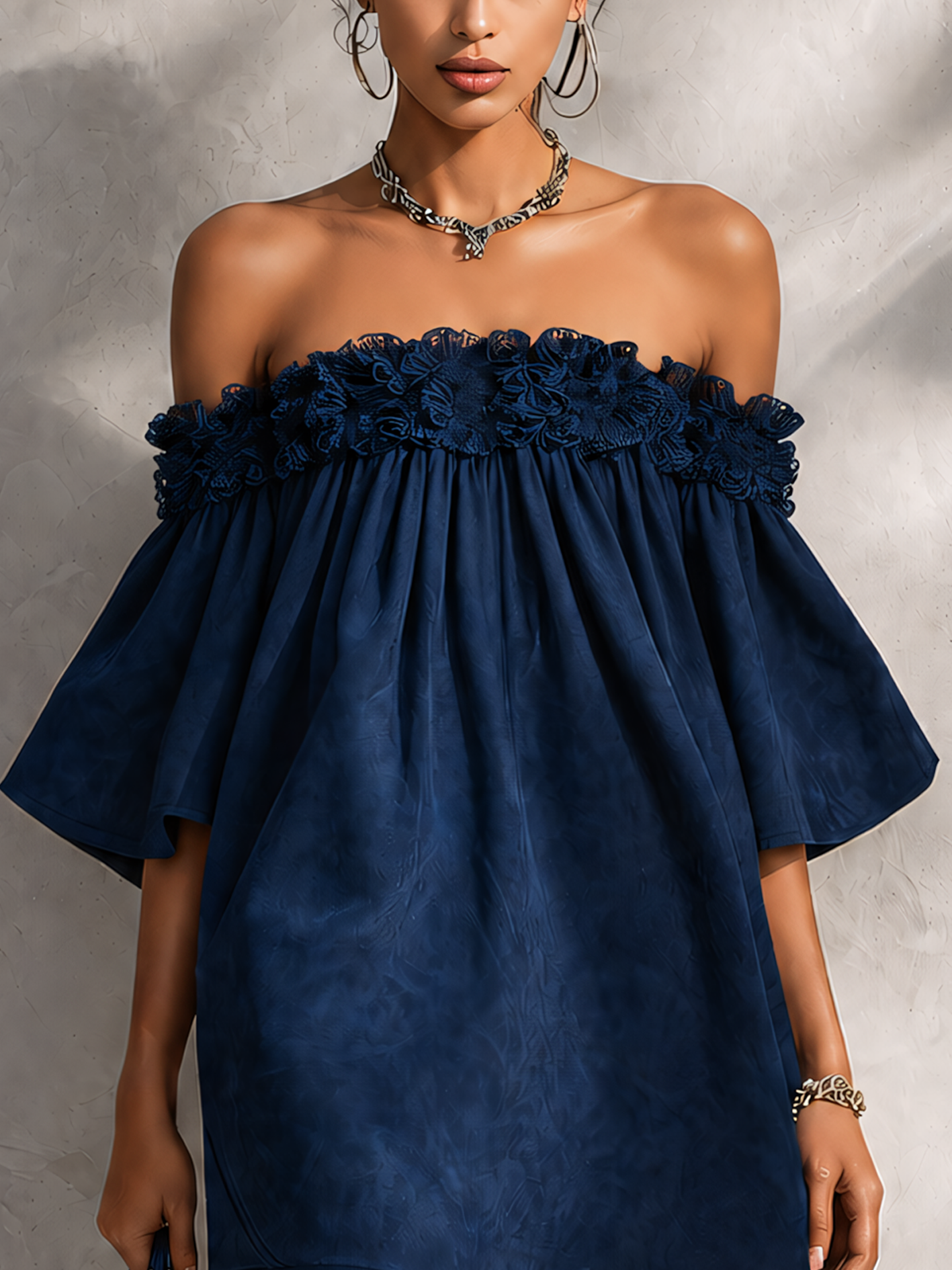 Navy Blue Faux Suede Off Shoulder Mini Dress With Floral Lace