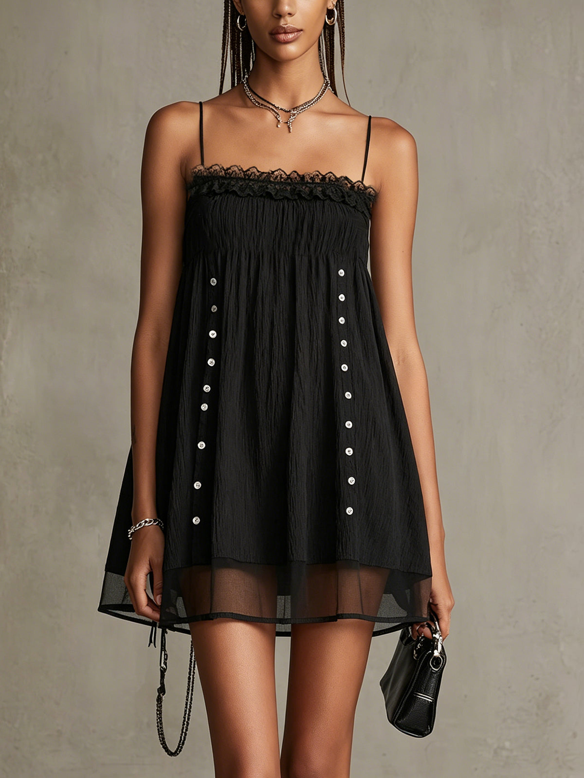Black Lace Trim Spaghetti Strap Mini Dress With Sheer Hem Detail