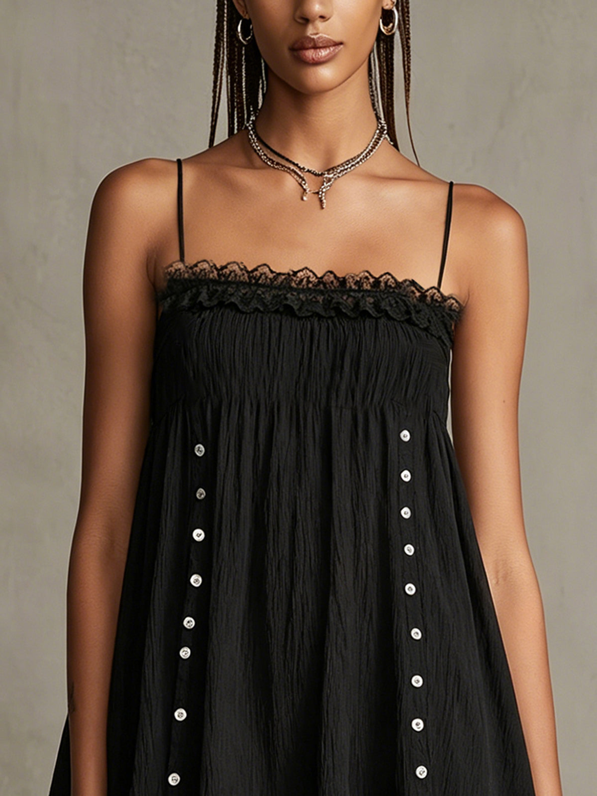 Black Lace Trim Spaghetti Strap Mini Dress With Sheer Hem Detail