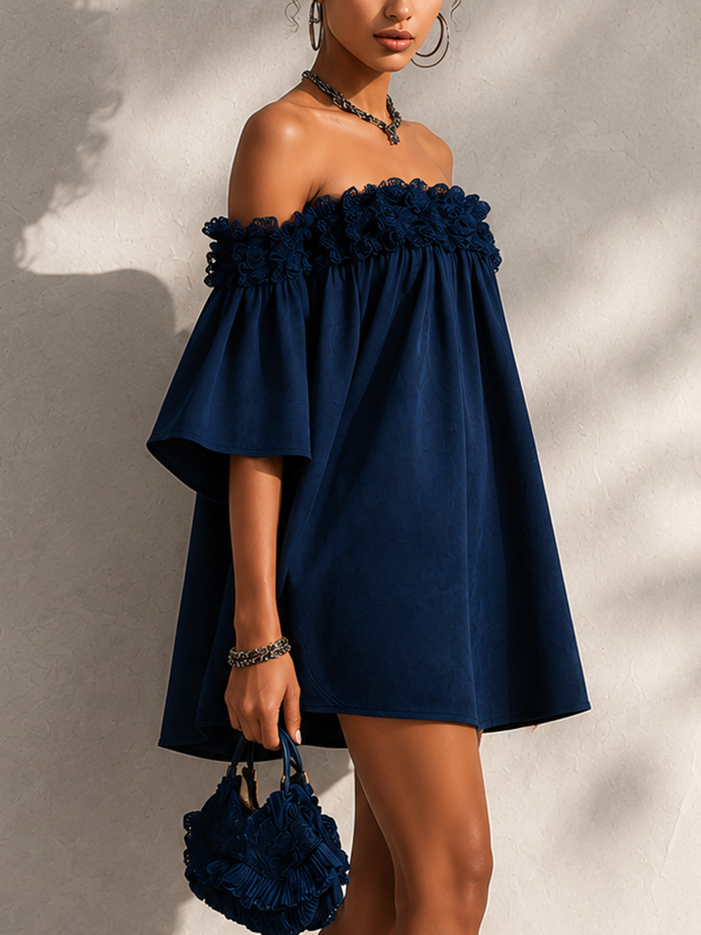 Navy Blue Faux Suede Off Shoulder Mini Dress With Floral Lace