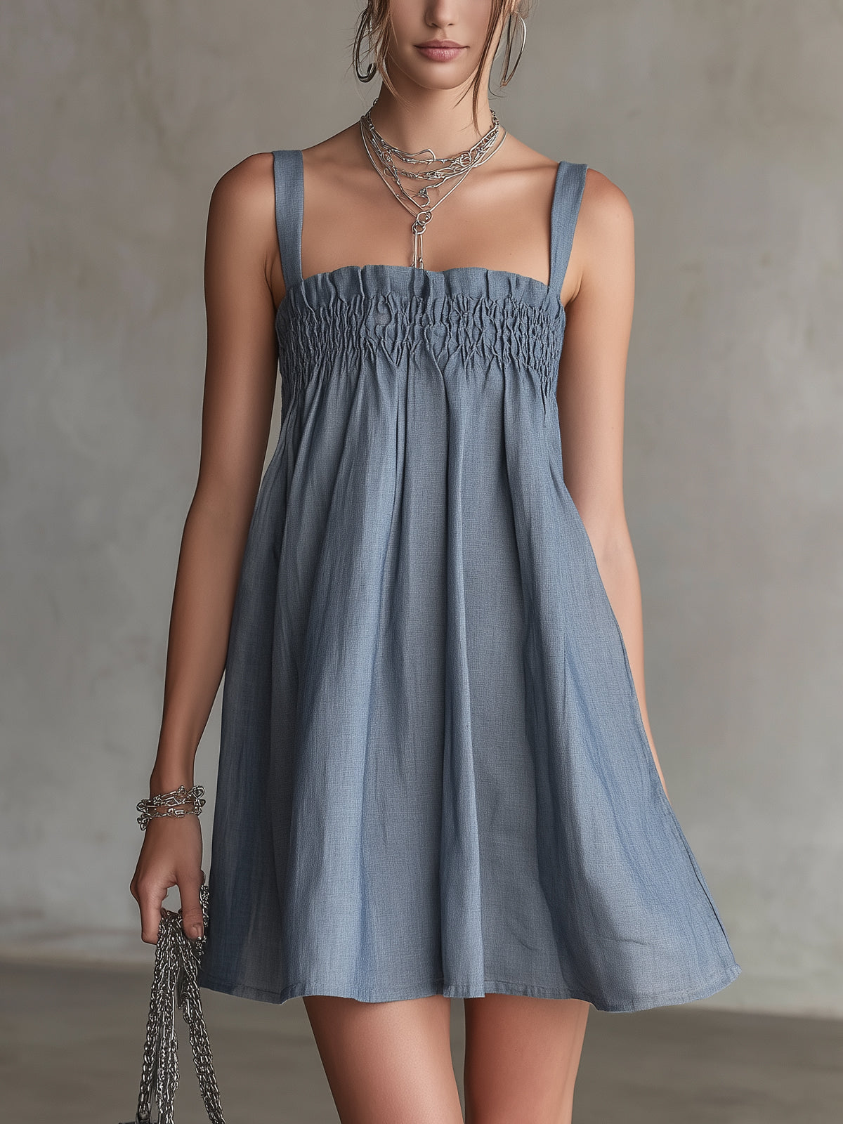 Blue Smocked Square-Neck Mini Dress With Wide Straps