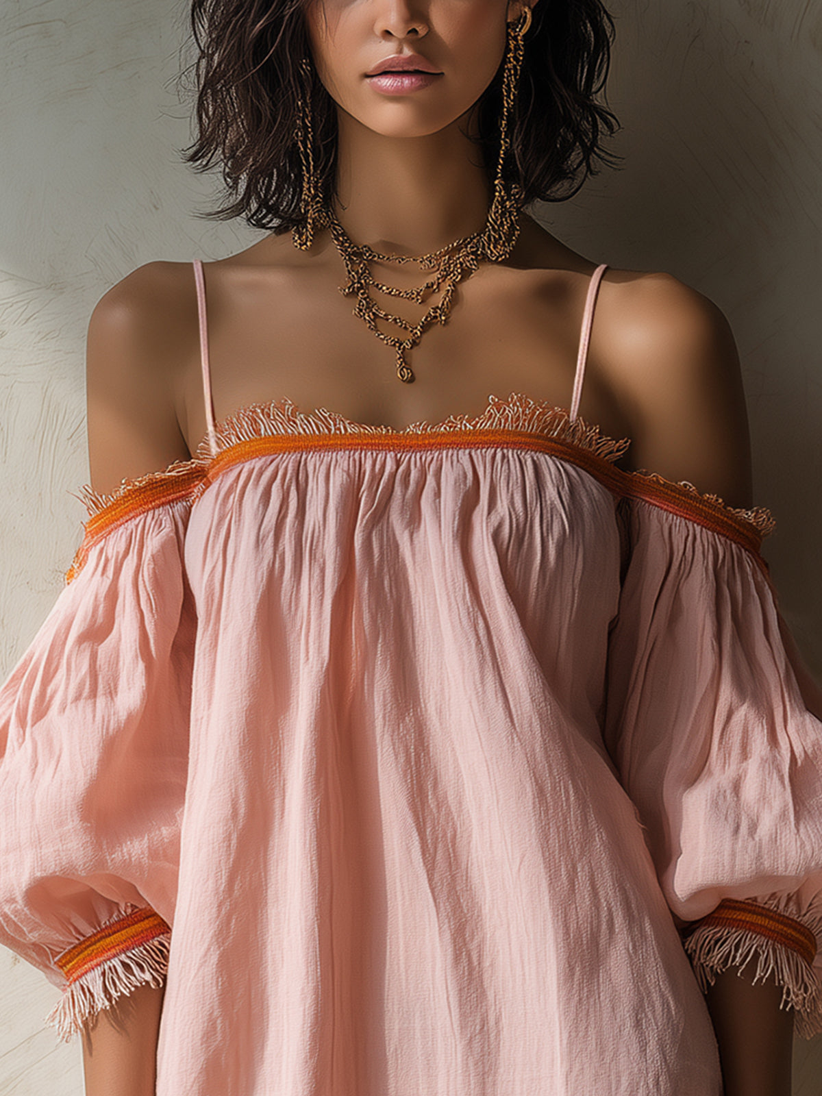 Pink Off-Shoulder Mini Dress With Orange Fringe Trim