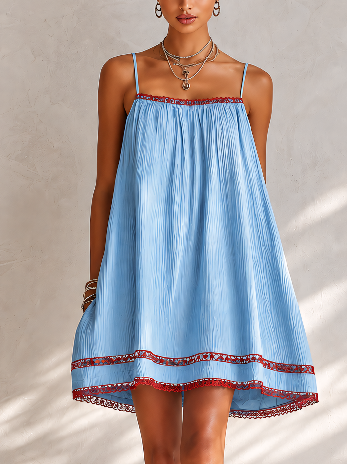 Sky Blue Textured Pleated Mini Dress With Lace Trim