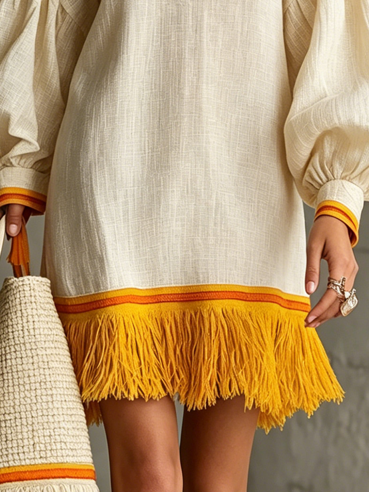 Ivory One-Shoulder Mini Dress With Balloon Sleeves And Yellow Fringe Hem