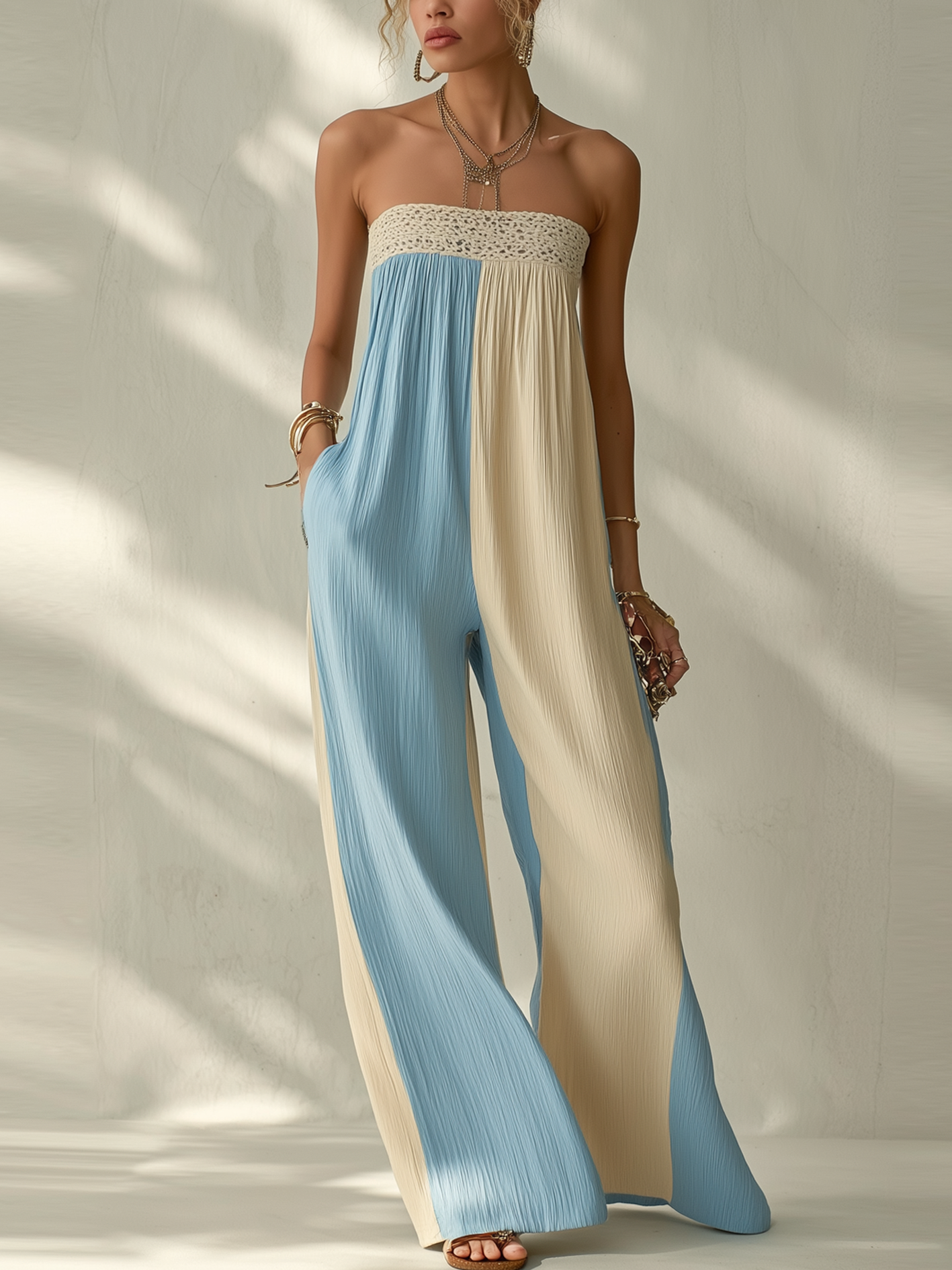 Color Block Blue Beige Textured Sleeveless Wide Leg Jumpsuit