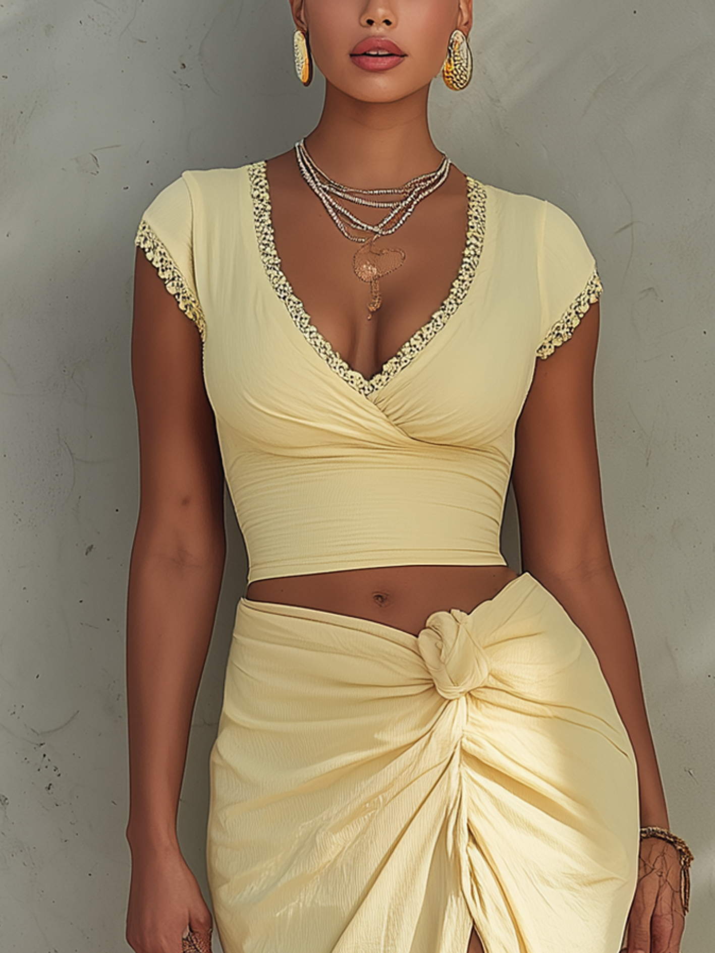Yellow Lace Trim Crop Top And Ruched Midi Skirt Set