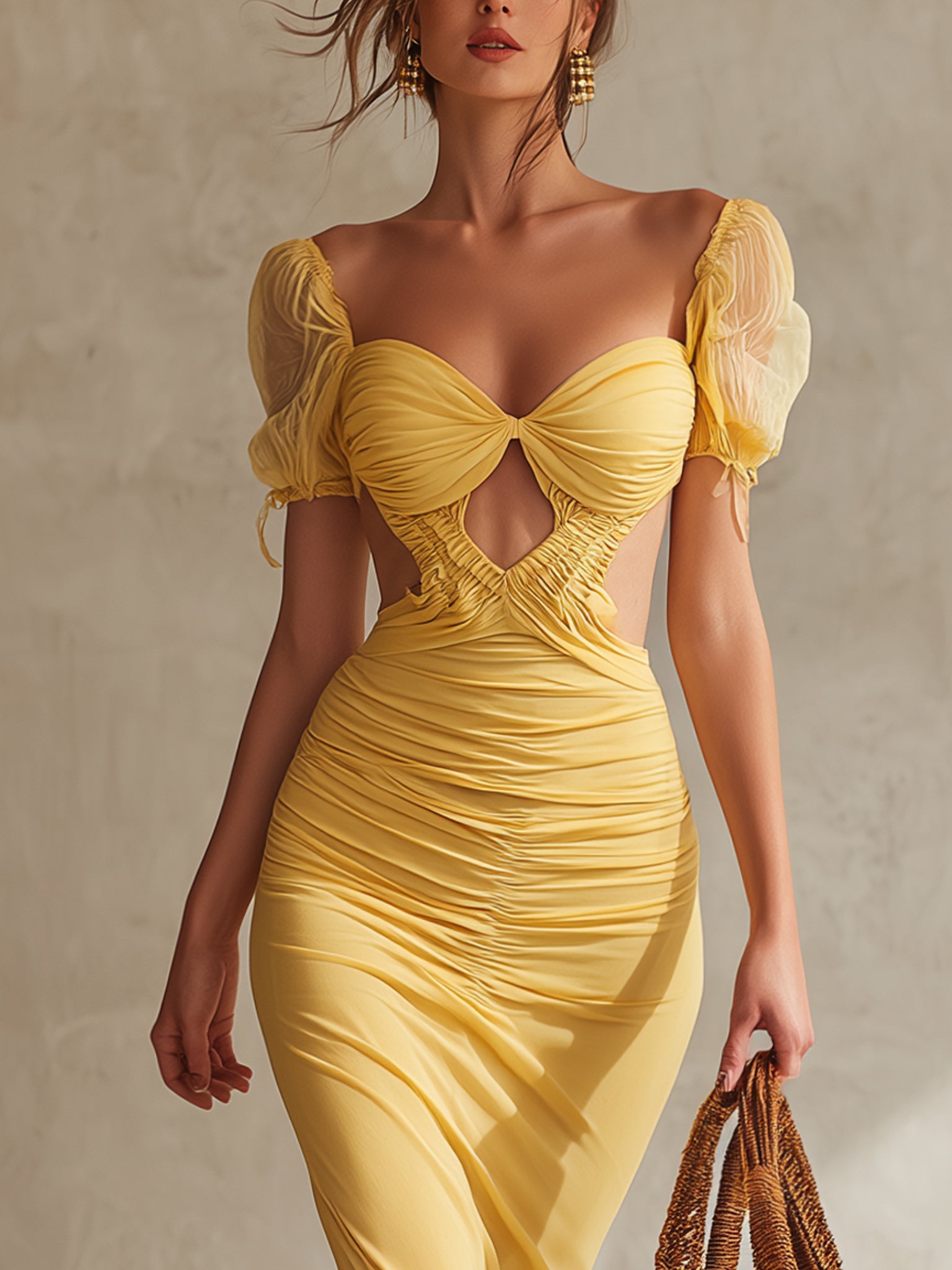 Yellow Ruched Puff Sleeve Bodycon Dress
