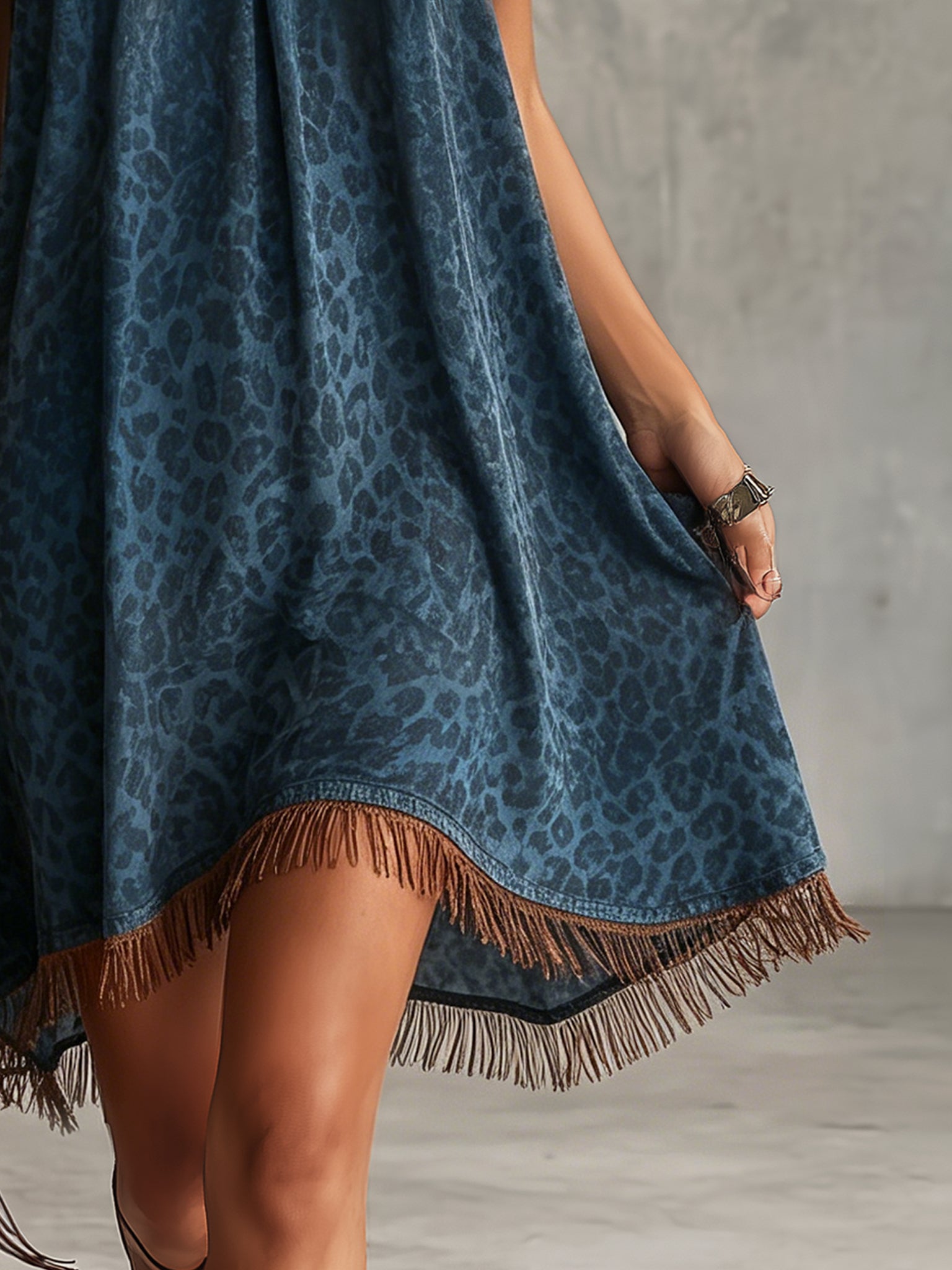 Blue Leopard Print Fringe Mini Dress