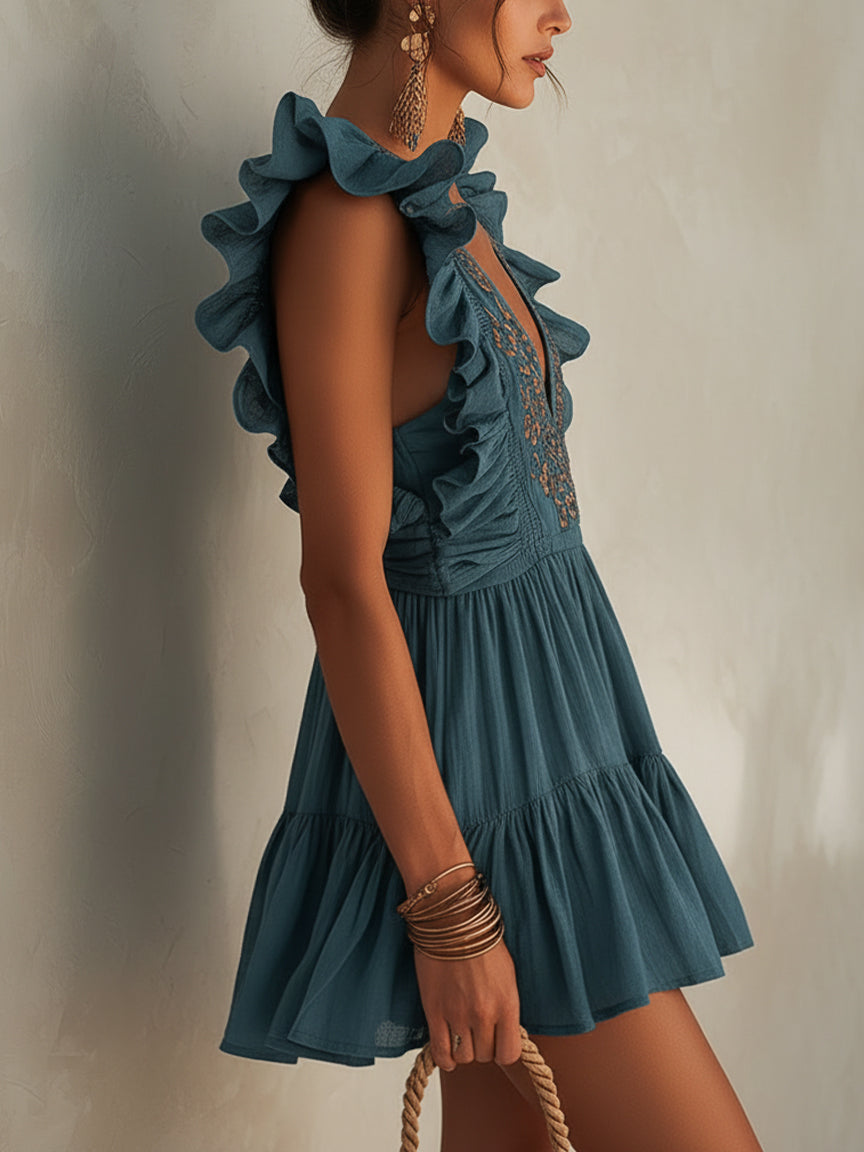 Blue Linen Deep V-Neck Embroidered Mini Dress