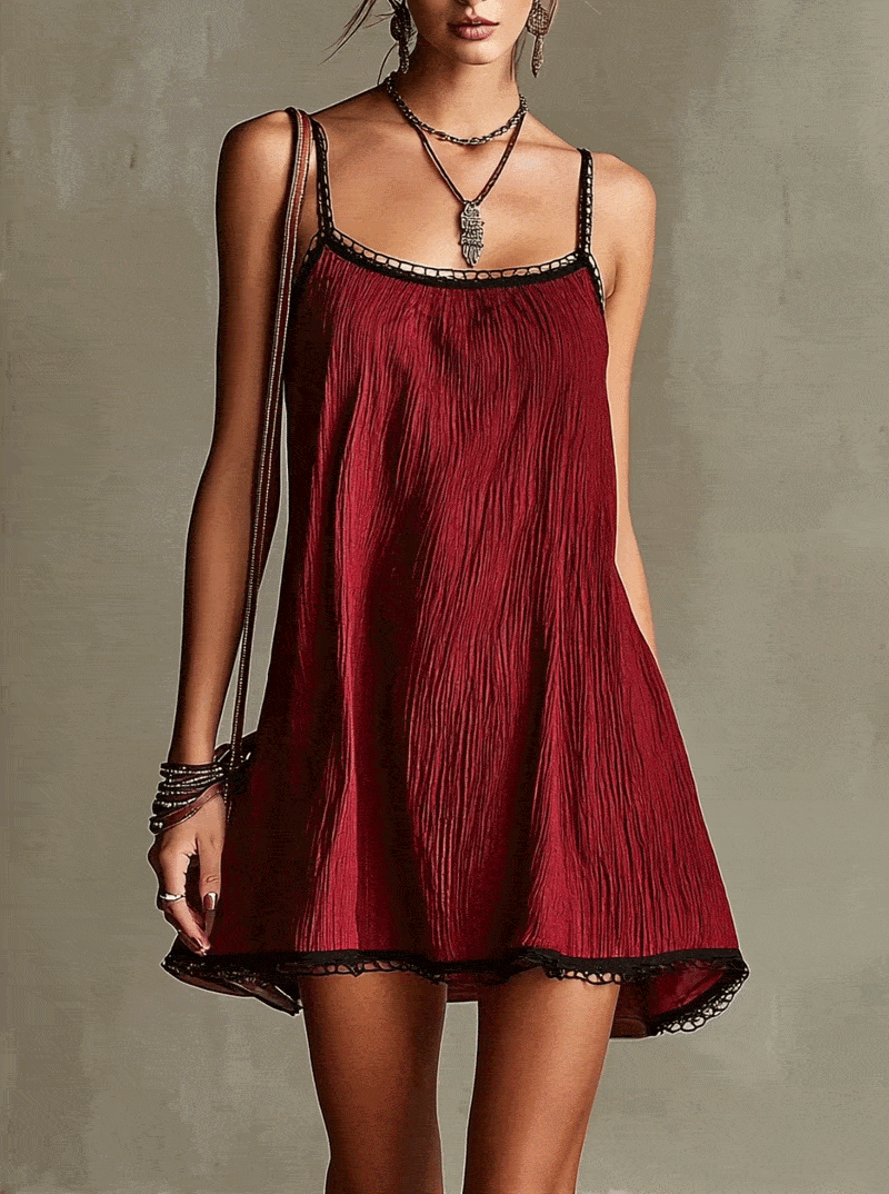 Wine Red Textured Spaghetti Strap Mini Dress with Black Lace Trim