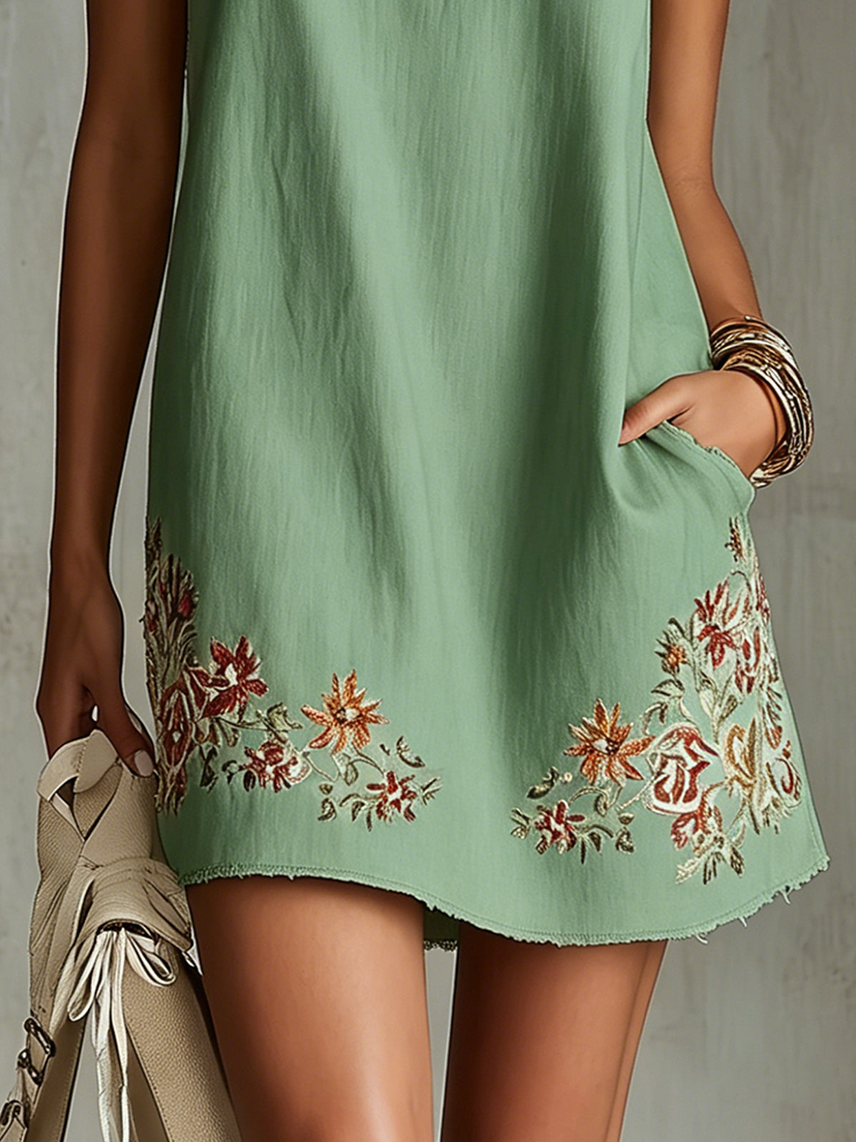 Green Sleeveless Mini Dress With Floral Embroidery And Button Detail