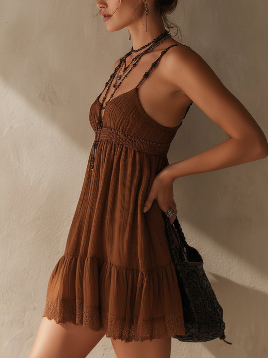 Chocolate Pleated Chiffon Strappy Mini Dress