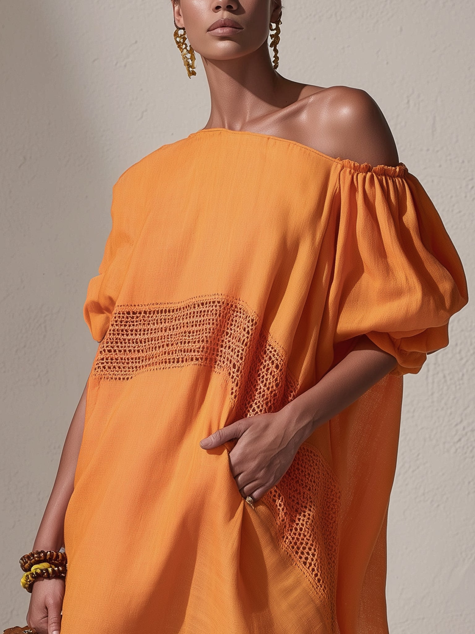 Orange Linen Patchwork Off Shoulder Mini Dress