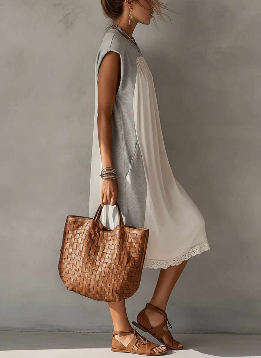 Gray And White Sleeveless Cotton Blend Midi Dress