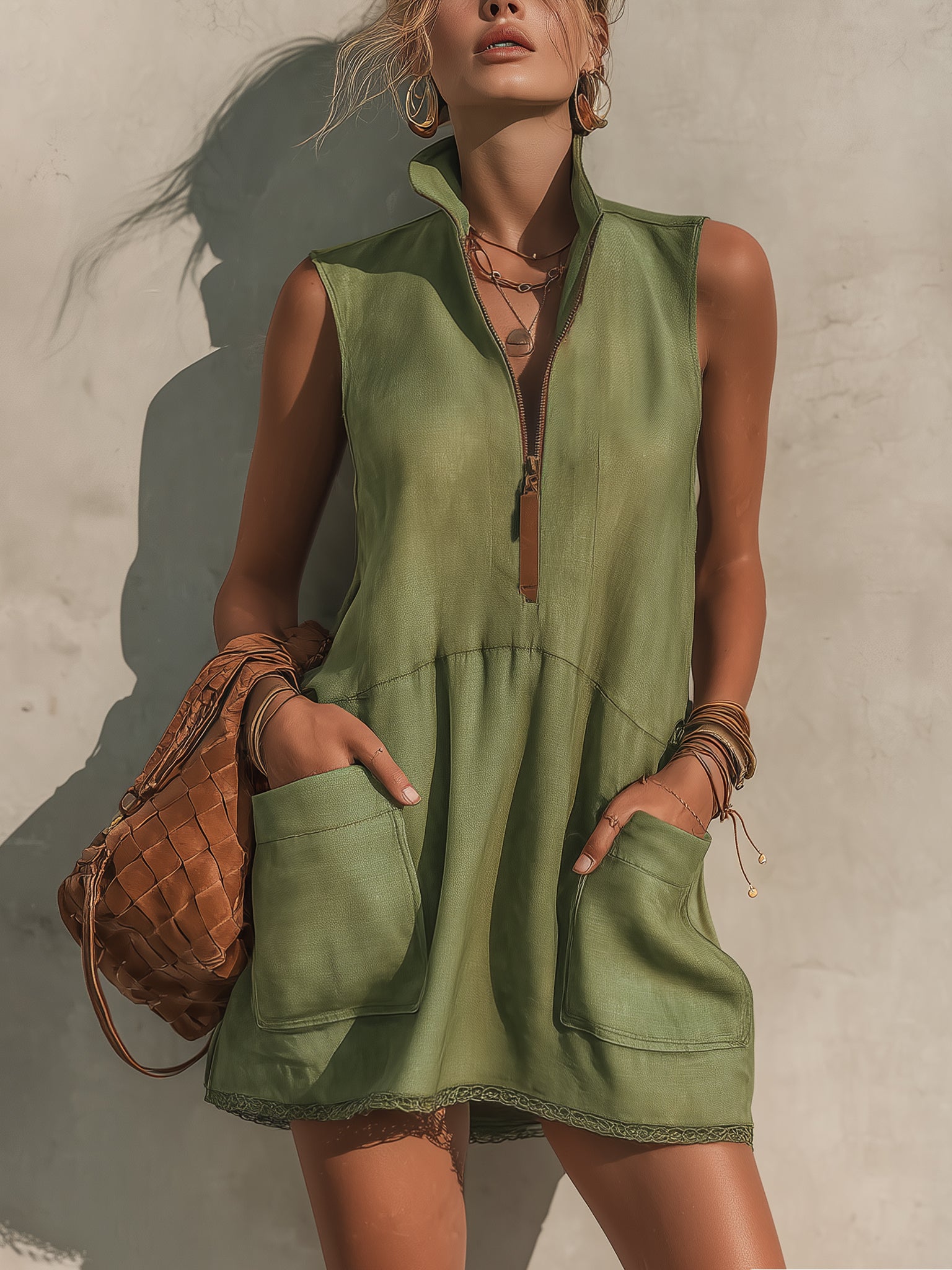 Olive Green Half Zip Linen Blend Mini Dress
