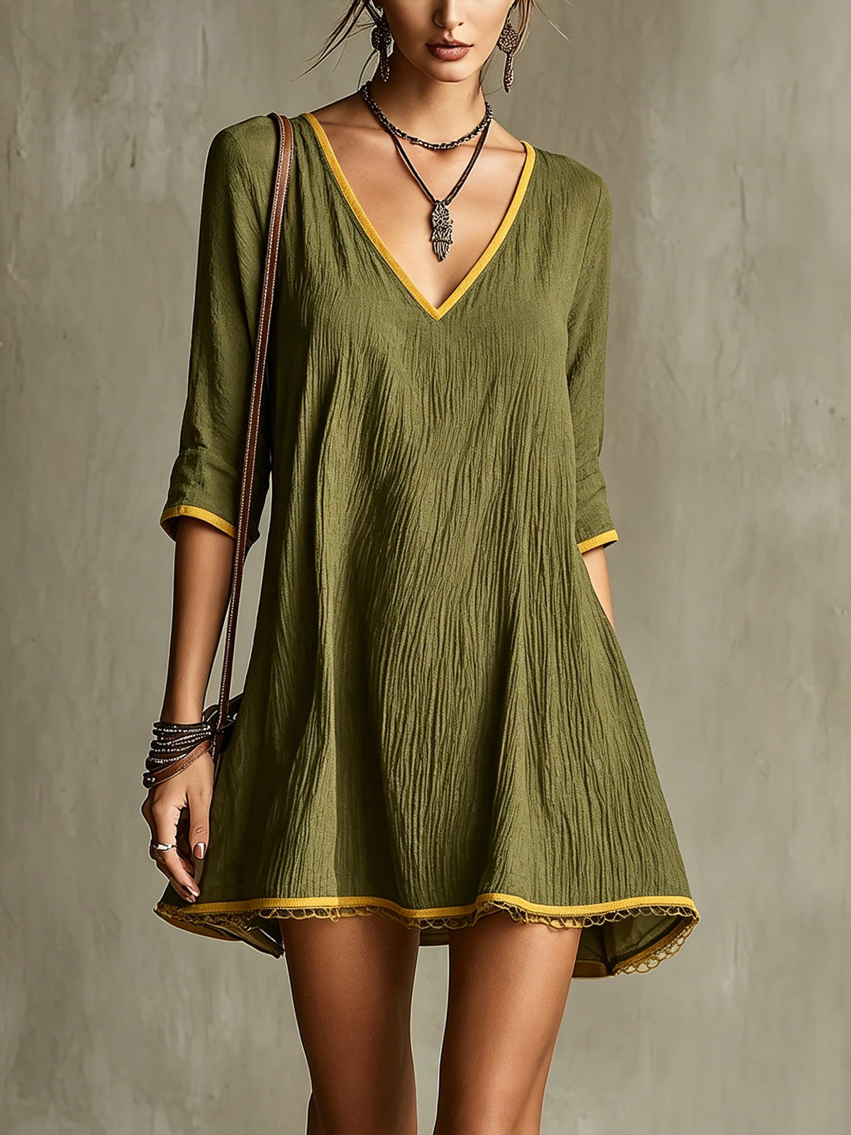 Olive Green V-Neck Mini Dress With Mustard Trim