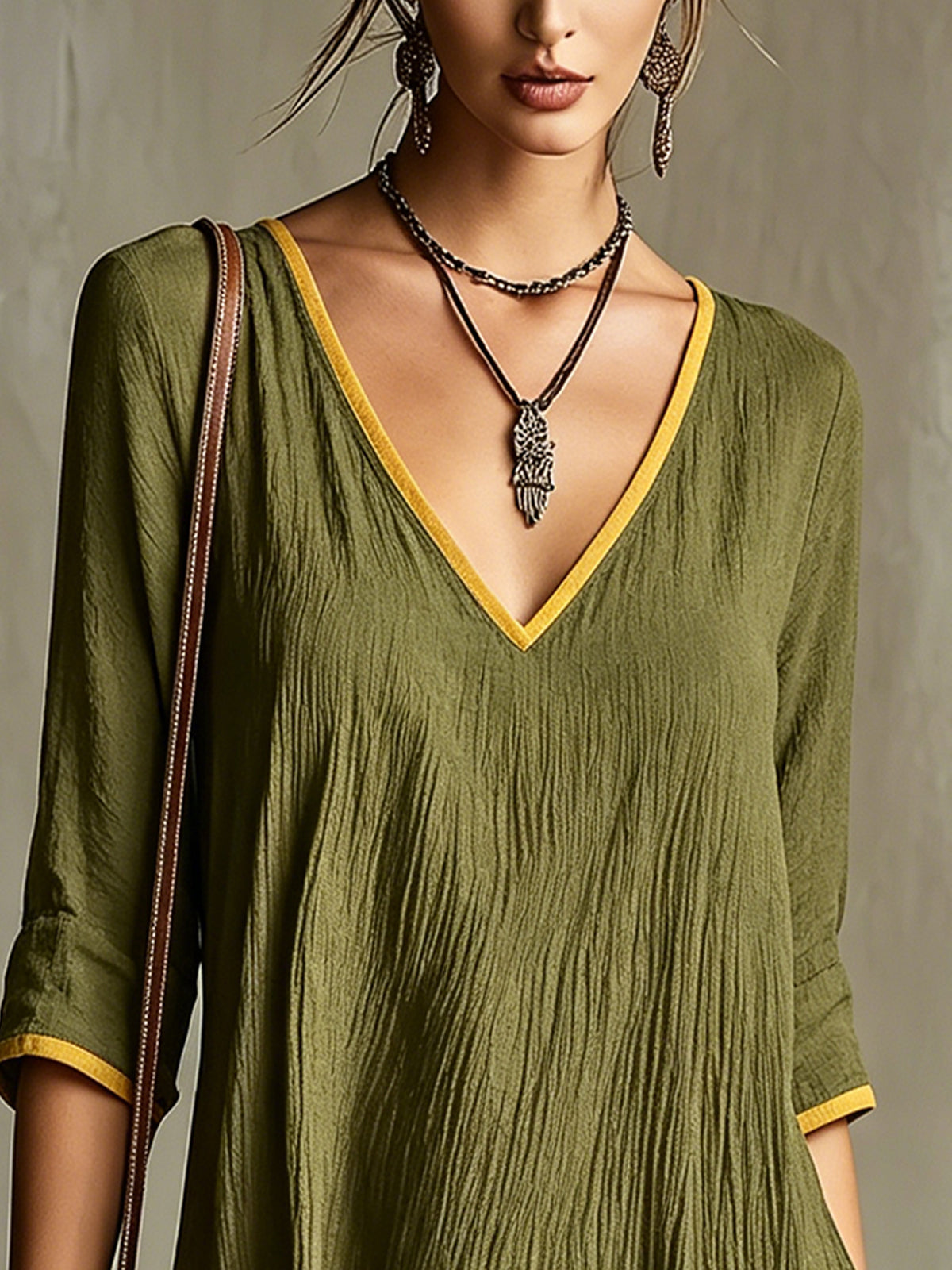 Olive Green V-Neck Mini Dress With Mustard Trim