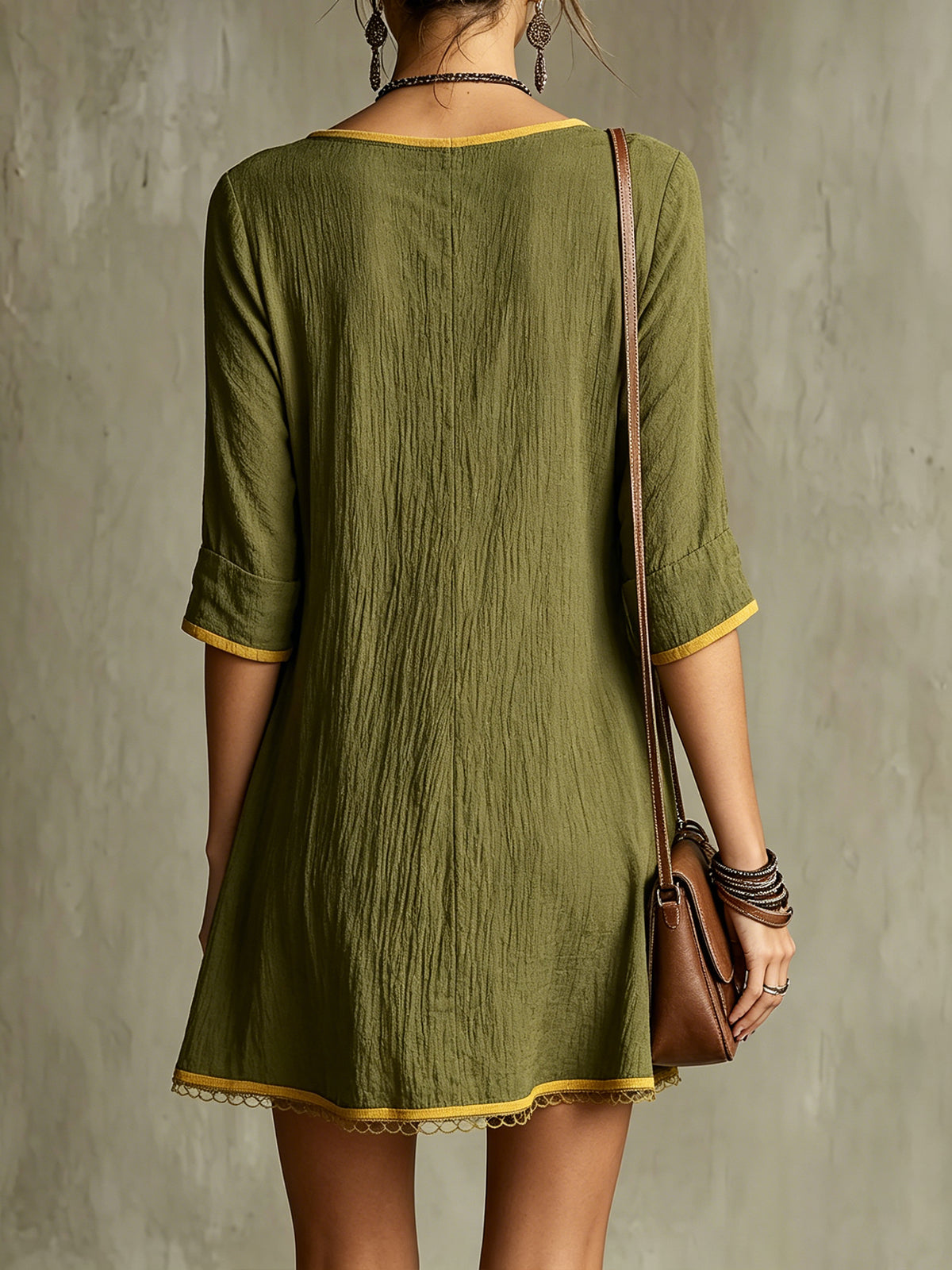Olive Green V-Neck Mini Dress With Mustard Trim