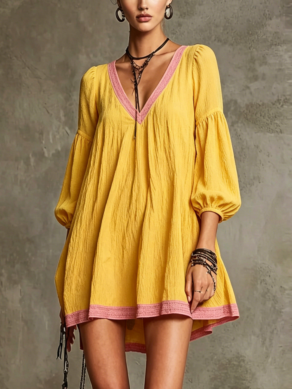 Yellow V-Neck Mini Dress With Pink Trim And Balloon Sleeves