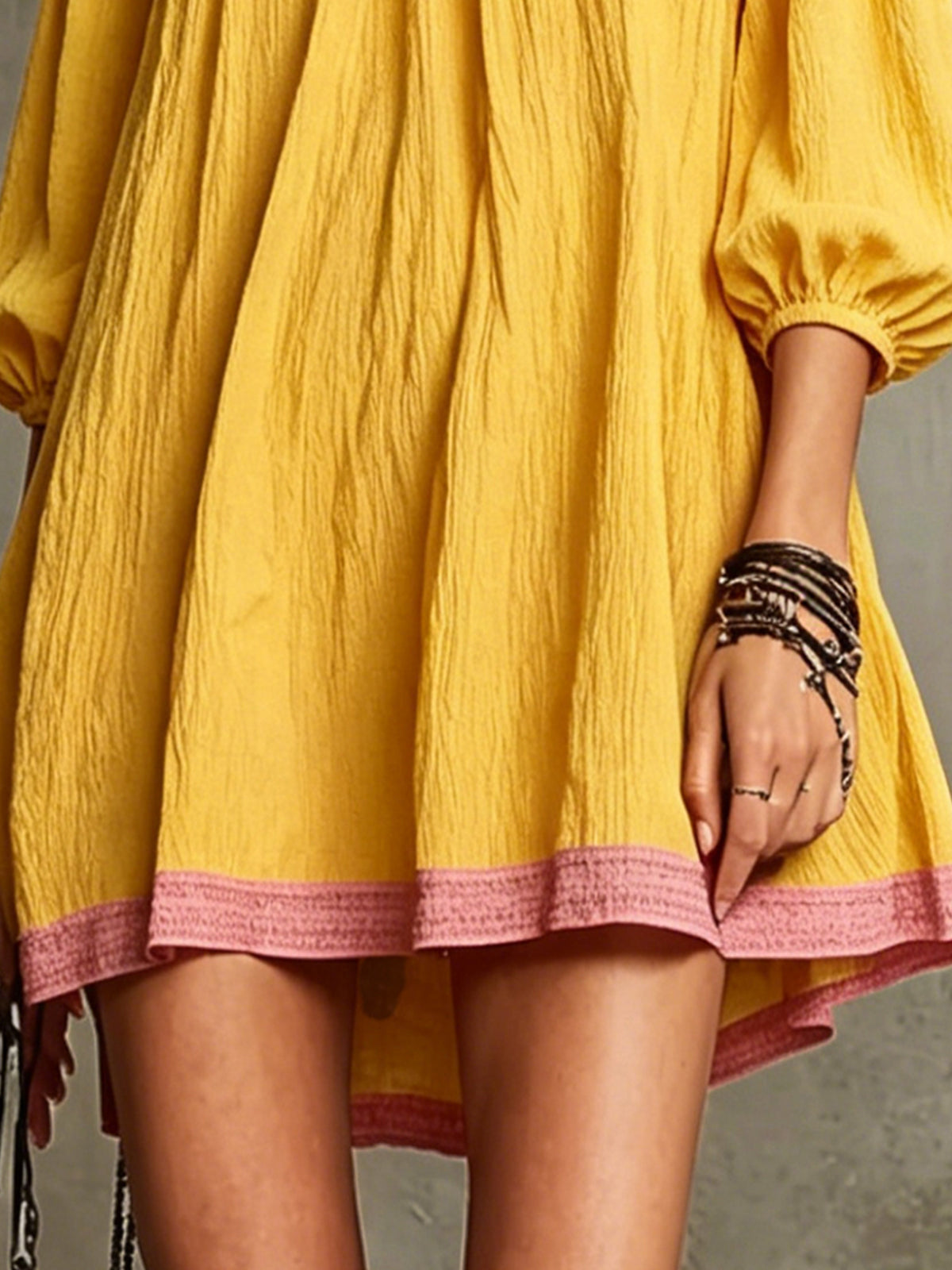Yellow V-Neck Mini Dress With Pink Trim And Balloon Sleeves
