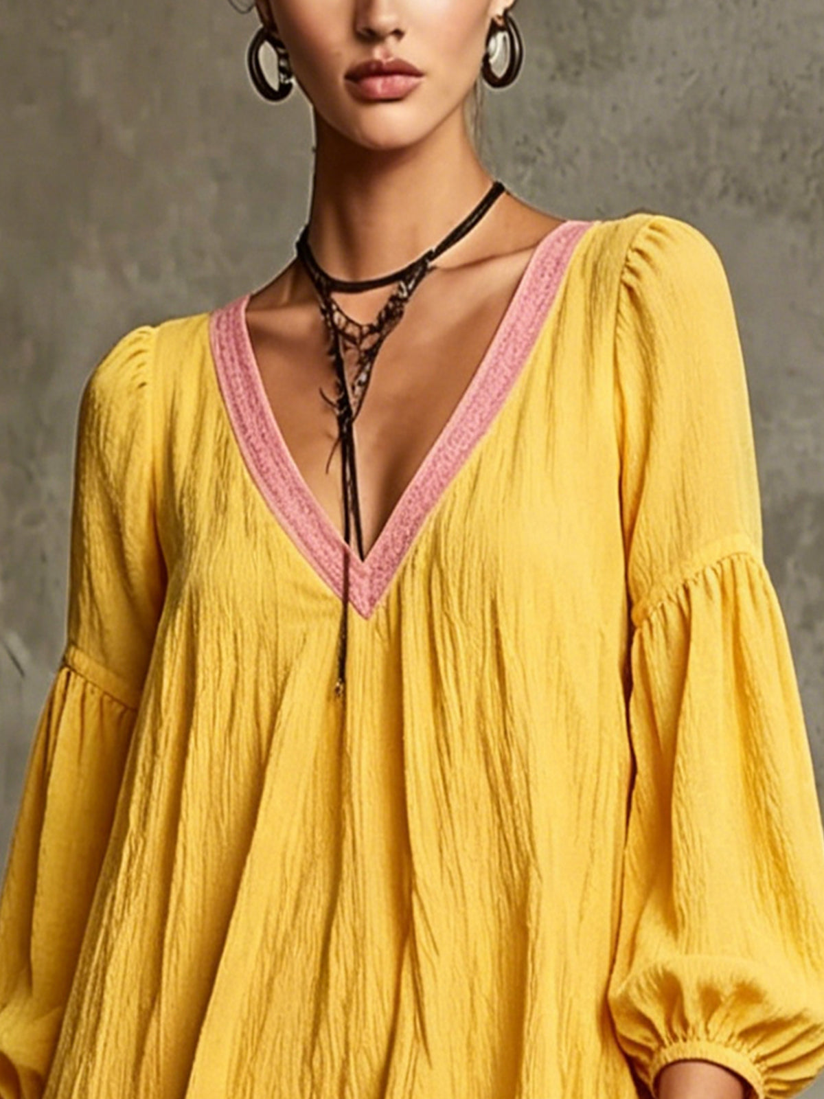 Yellow V-Neck Mini Dress With Pink Trim And Balloon Sleeves