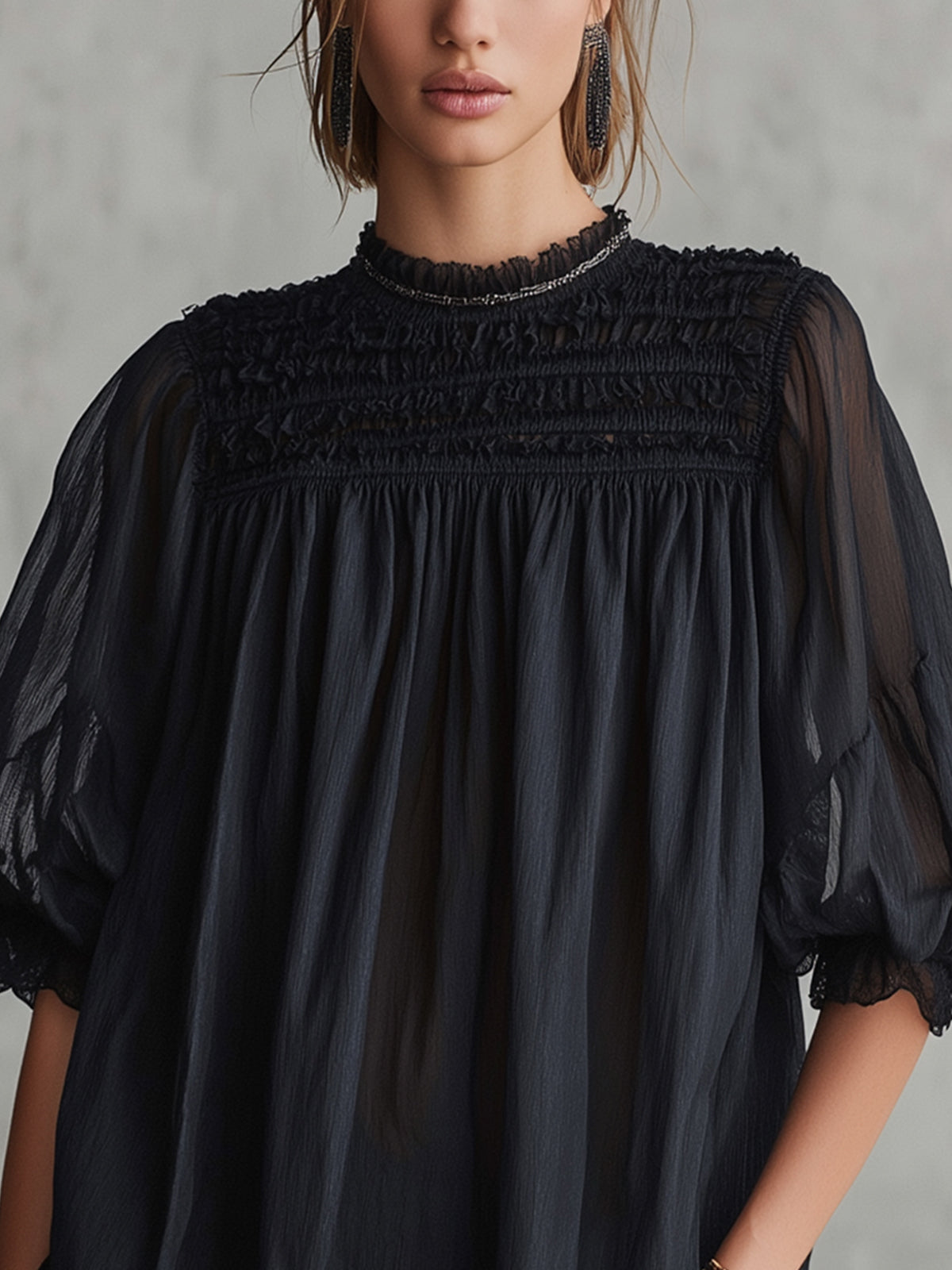 Black Sheer Puff Sleeve Mini Dress