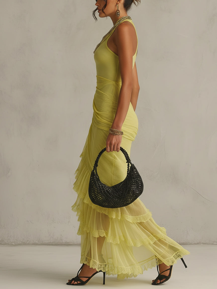 Green Sleeveless Stretch Chiffon Bodycon Dress