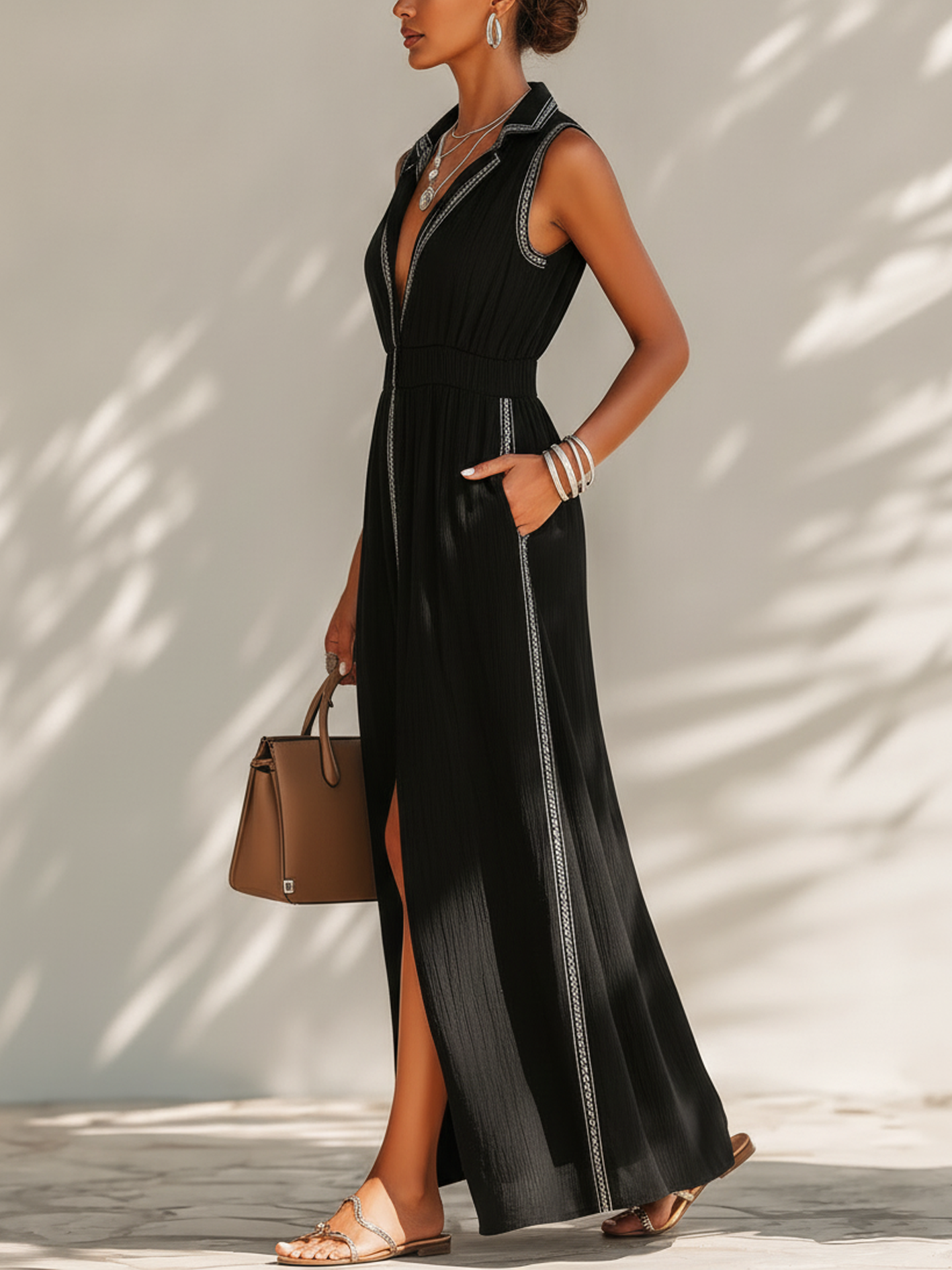 Black Textured Lace Trim Sleeveless Maxi Dress With Side Slit