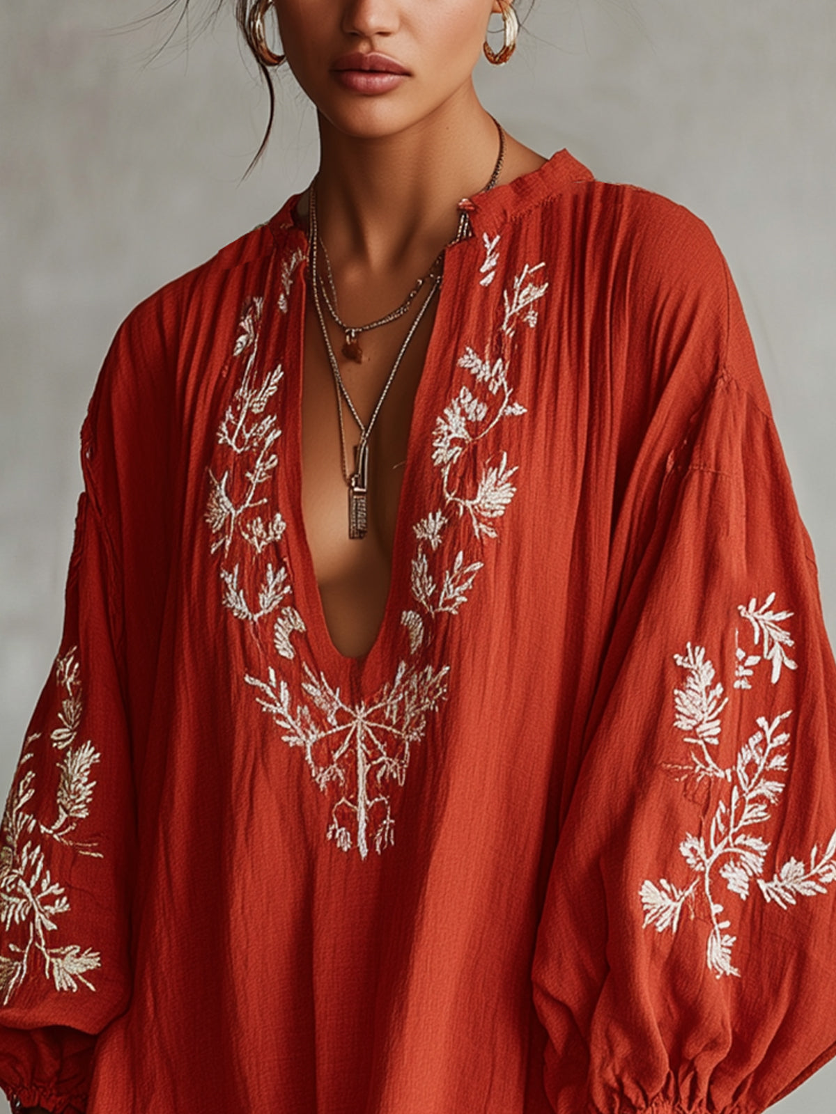 Red Embroidered V-Neck Mini Dress With Balloon Sleeves And Fringe Hem