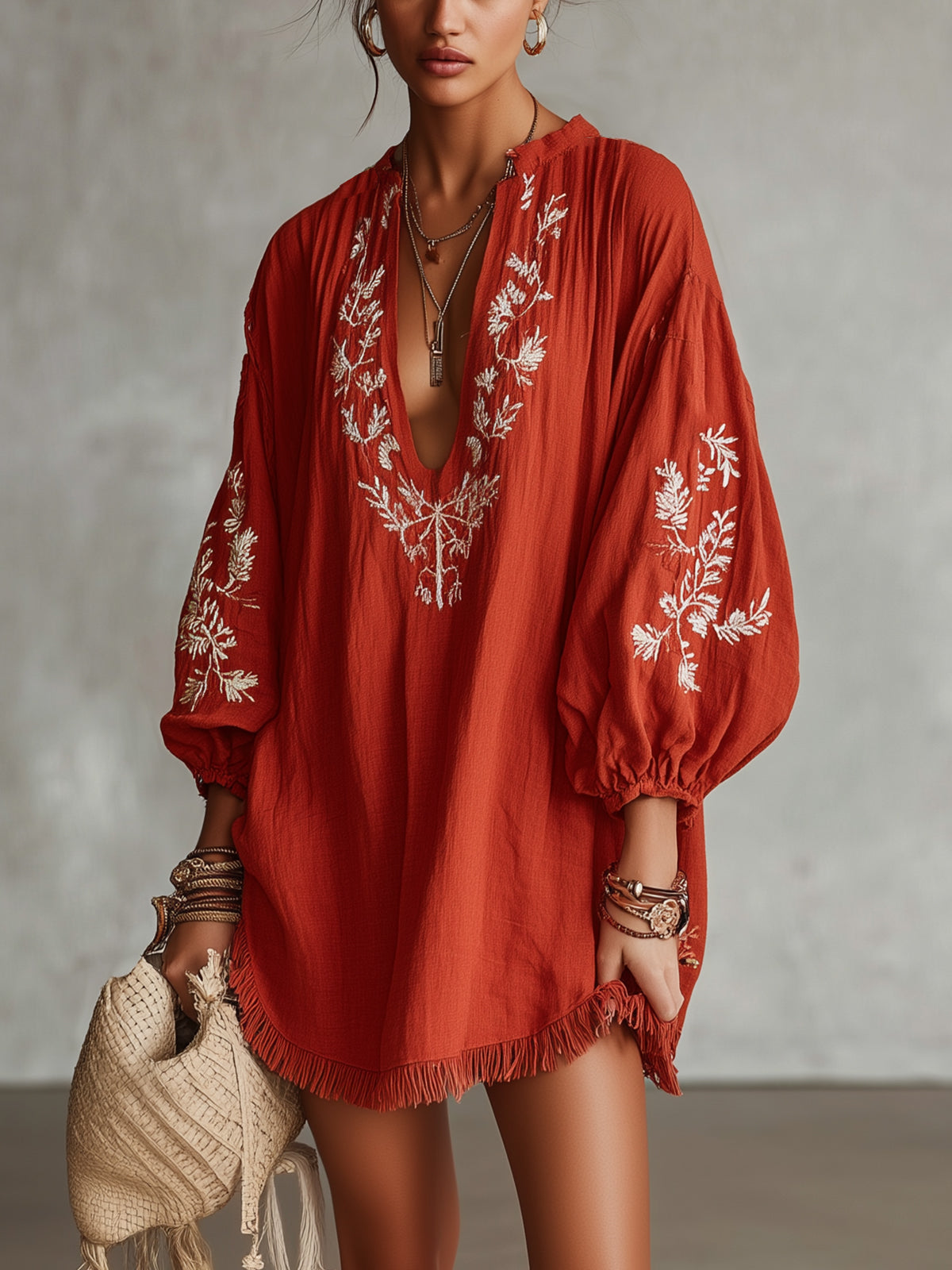 Red Embroidered V-Neck Mini Dress With Balloon Sleeves And Fringe Hem