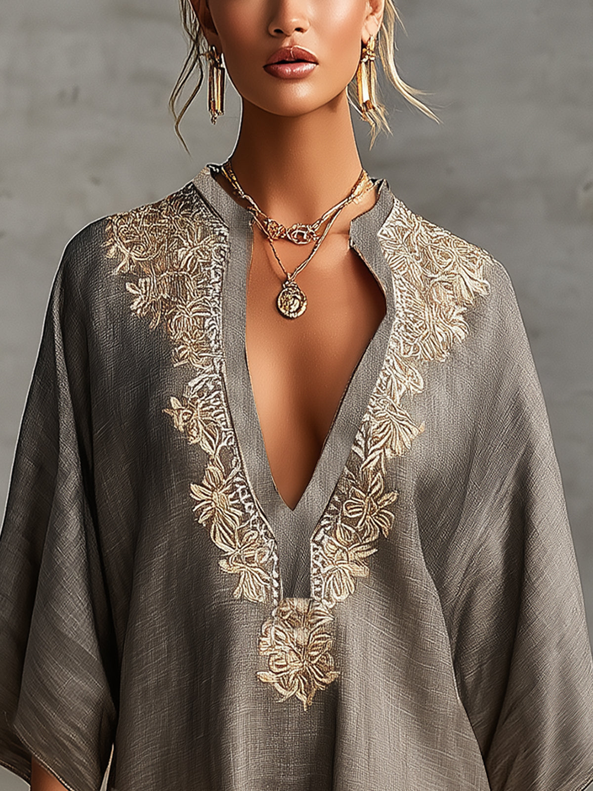 V-Neck Embroidered Kaftan Mini Dress