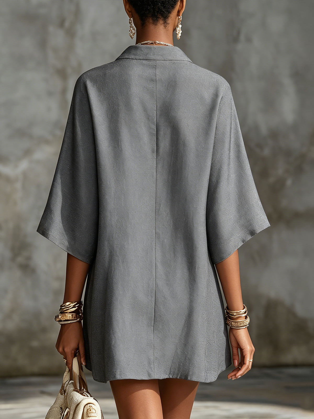Gray V-Neck Embroidered Kaftan Mini Dress