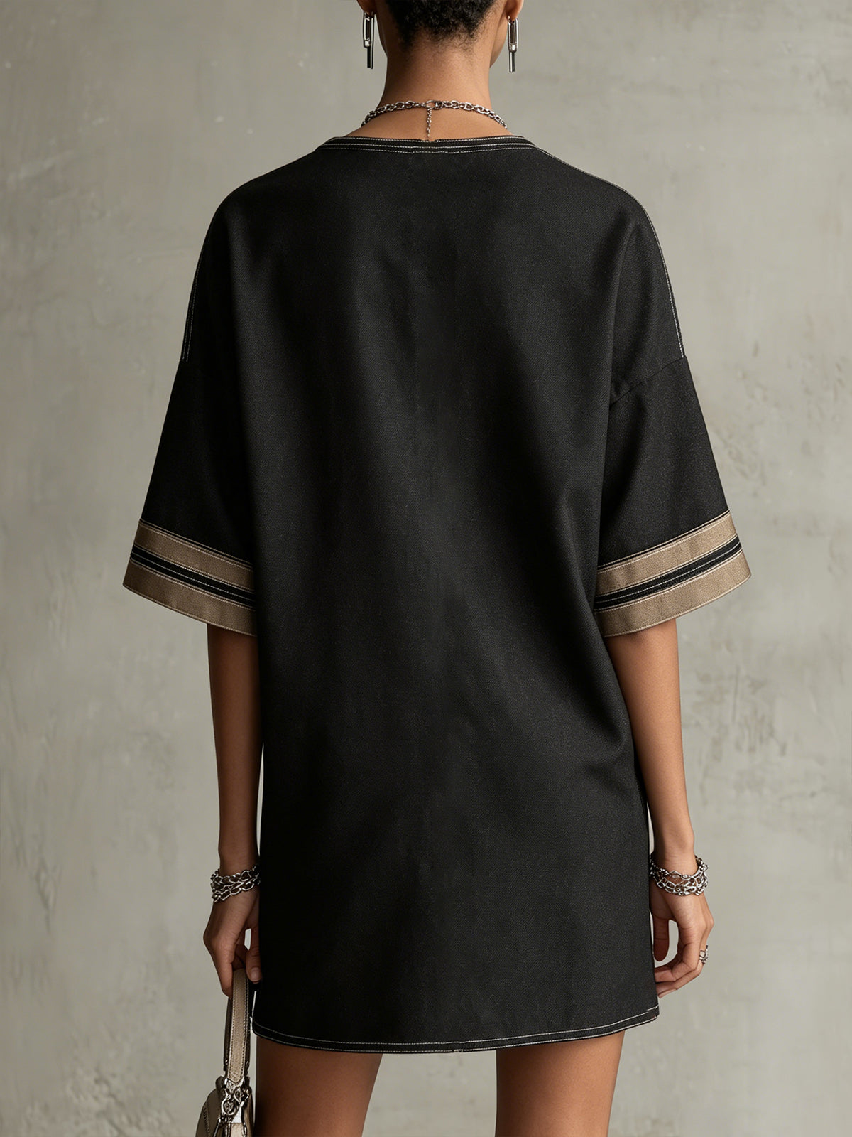 Black Zip-Front Mini Dress With Contrast Cuff Detail