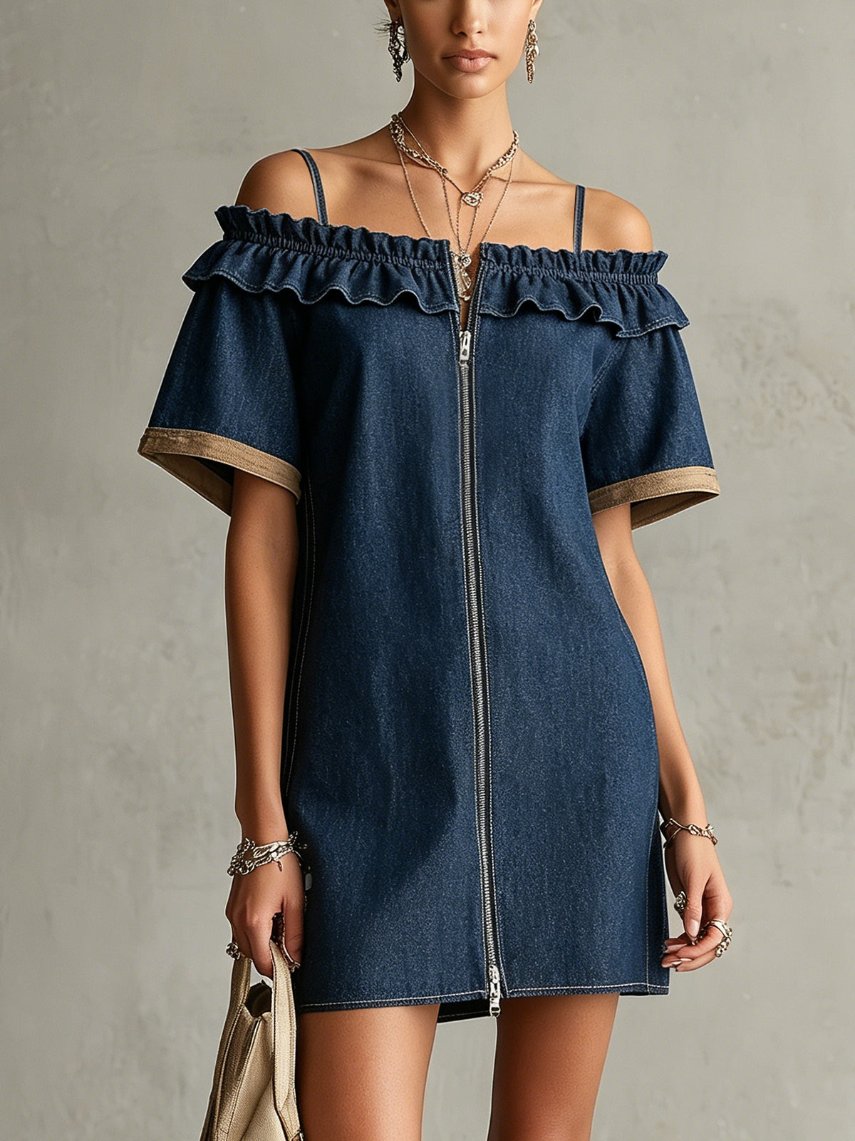 Blue Off-Shoulder Mini Dress With Front Zip And Ruffle Trim