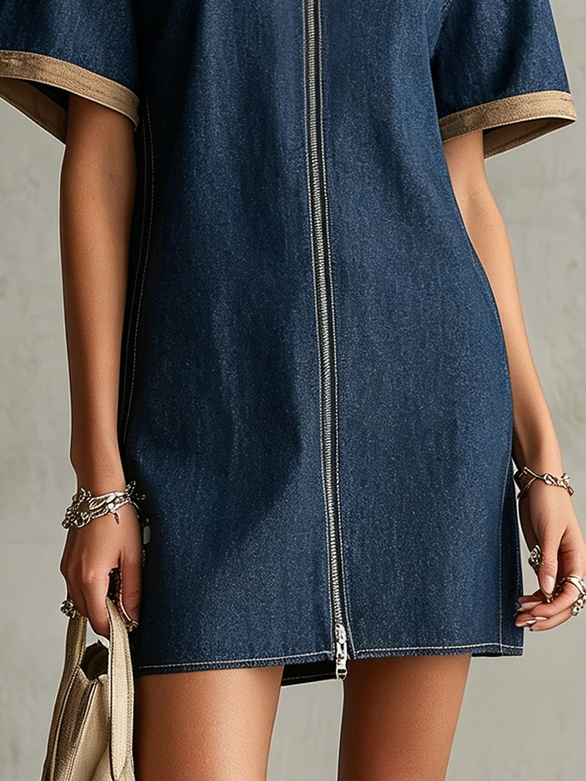 Blue Off-Shoulder Mini Dress With Front Zip And Ruffle Trim