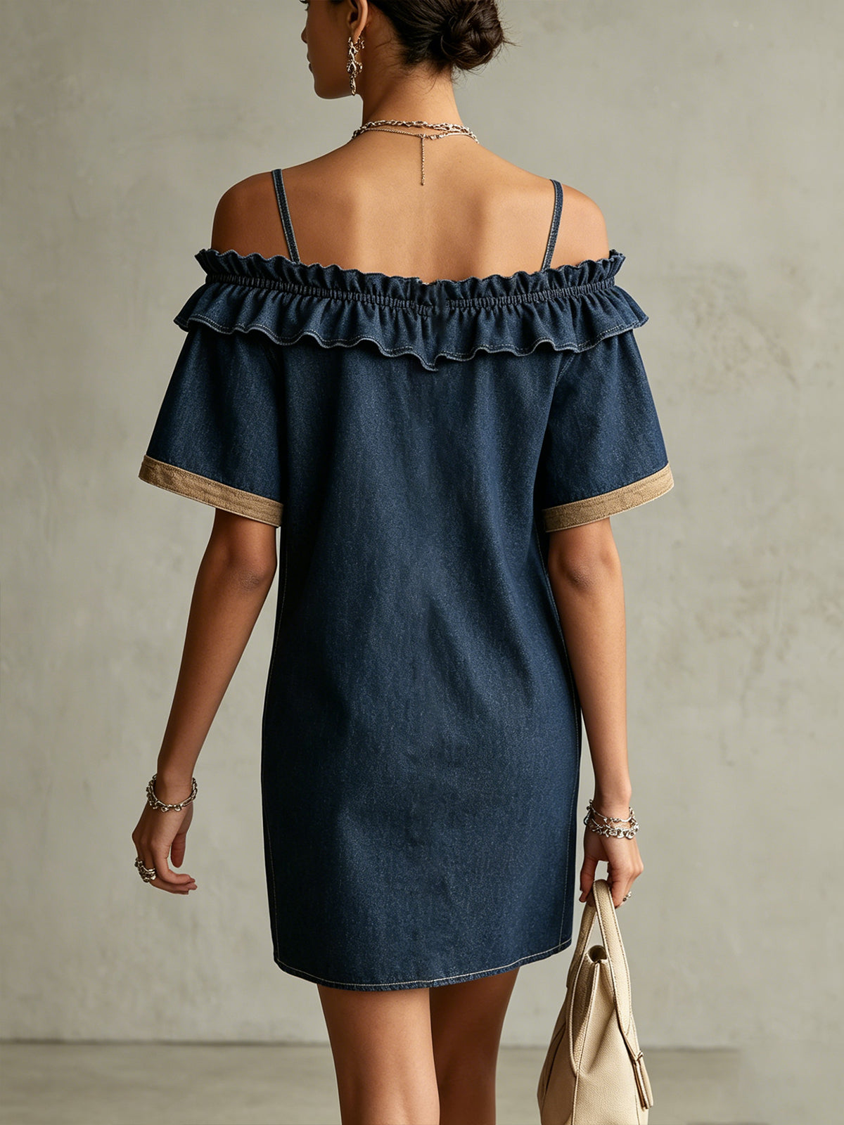 Blue Off-Shoulder Mini Dress With Front Zip And Ruffle Trim