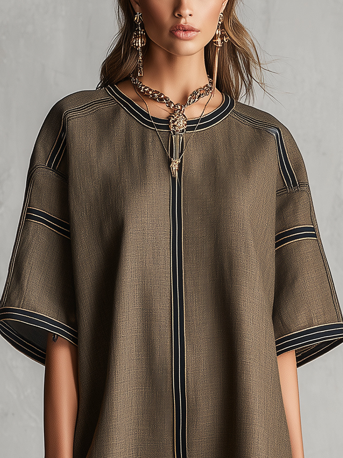 Khaki Oversized Mini Dress With Contrast Stitch Detailing