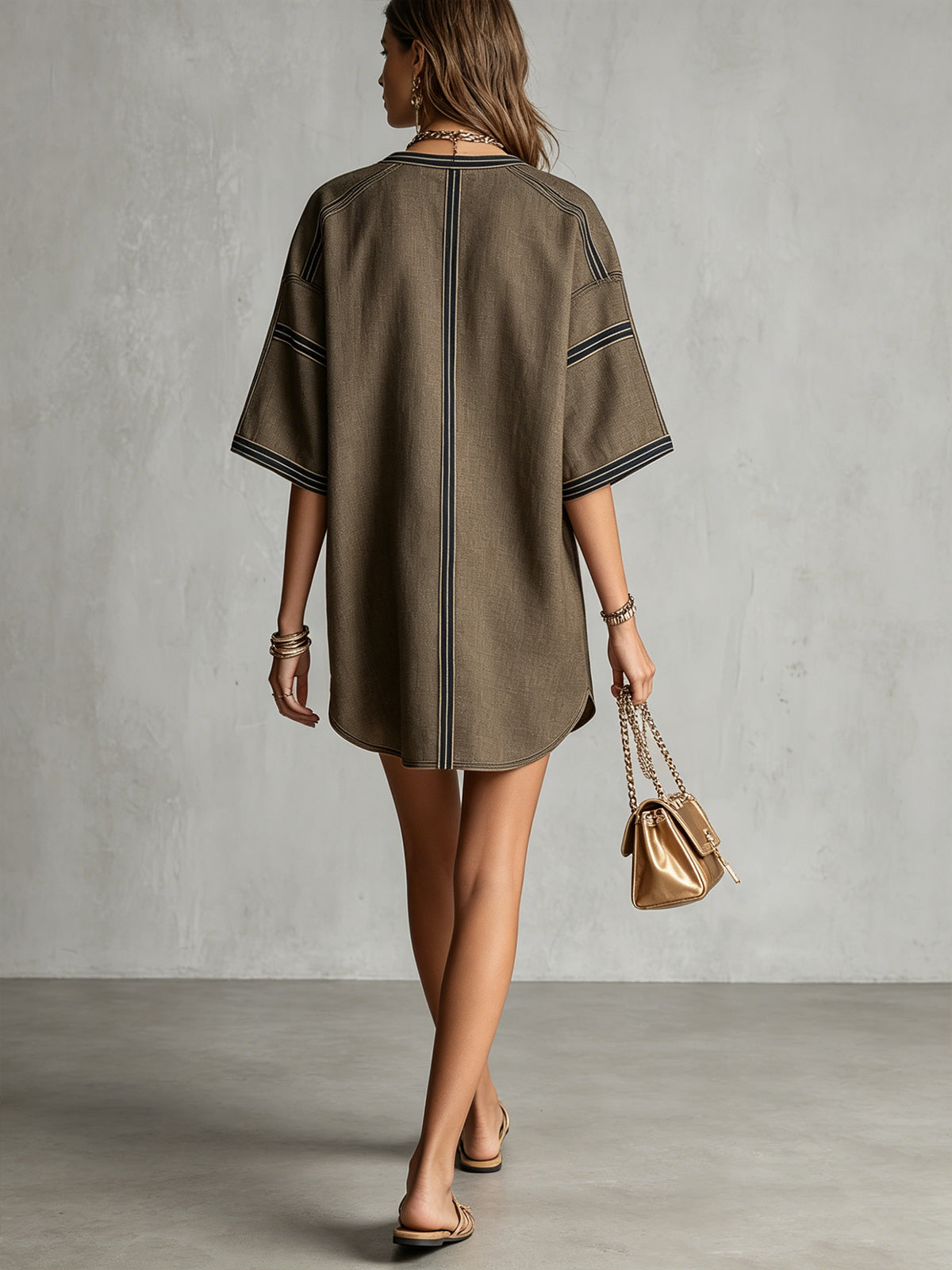 Khaki Oversized Mini Dress With Contrast Stitch Detailing