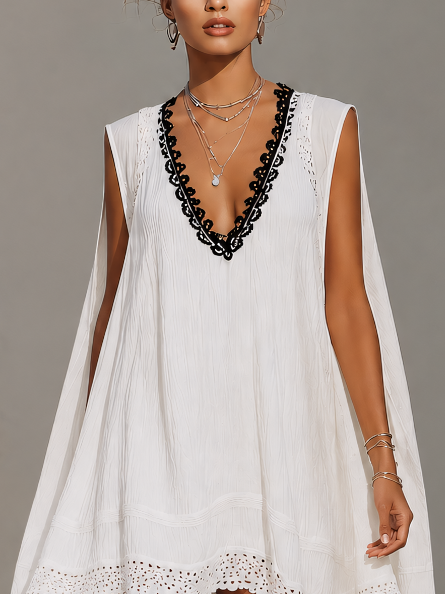 White Cotton Linen Lace Trim Patchwork Mini Dress