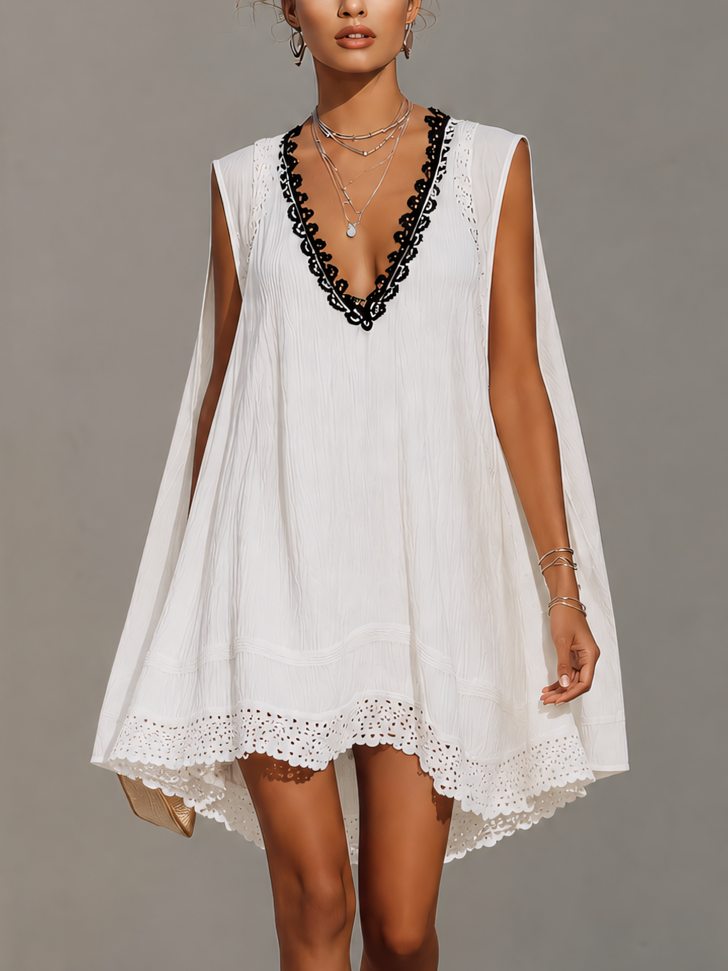 White Cotton Linen Lace Trim Patchwork Mini Dress