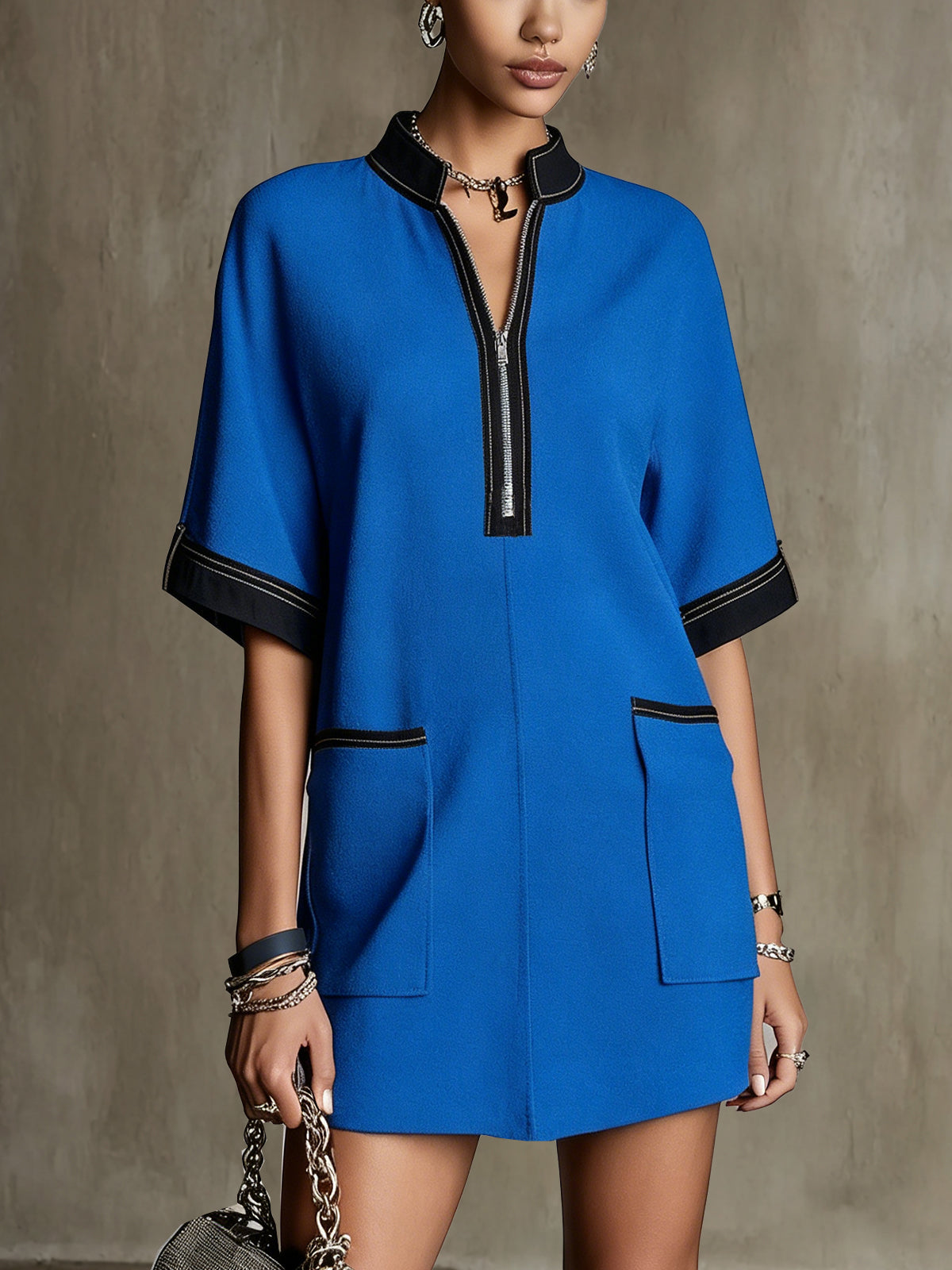 Royal Blue Zip-Front Mini Dress With Black Contrast Trim