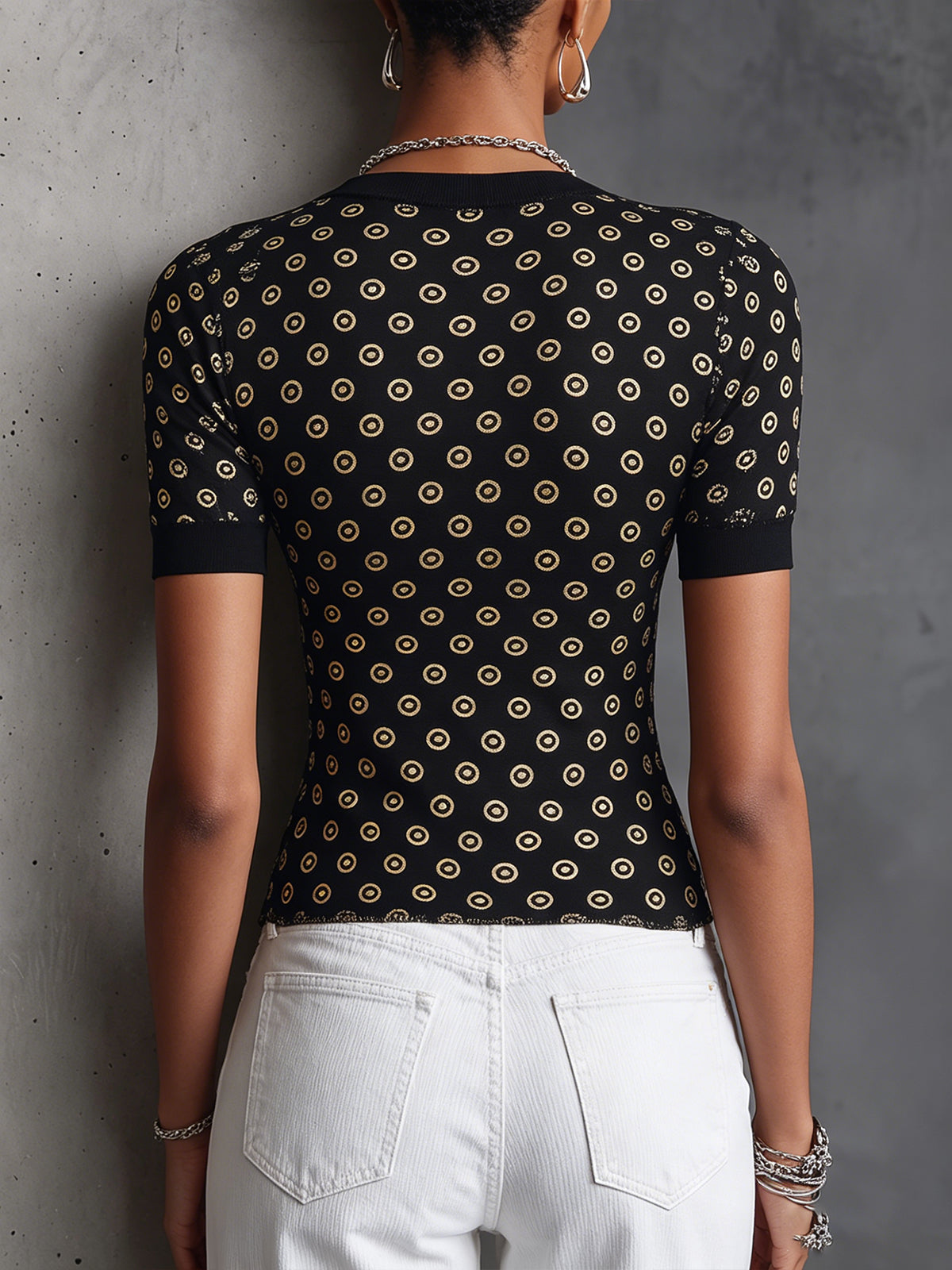 Black V-Neck Knit Top With Gold Circle Pattern Print