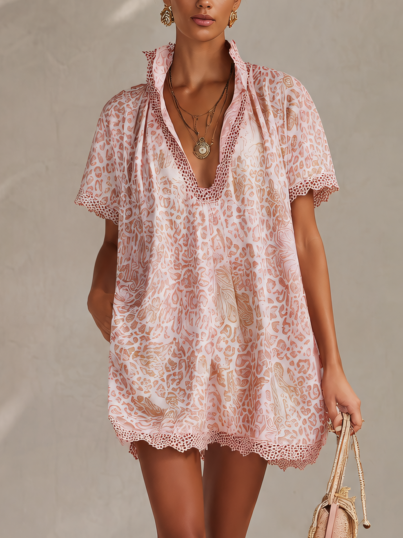Pink Lace Trim Abstract Leopard Print Mini Dress