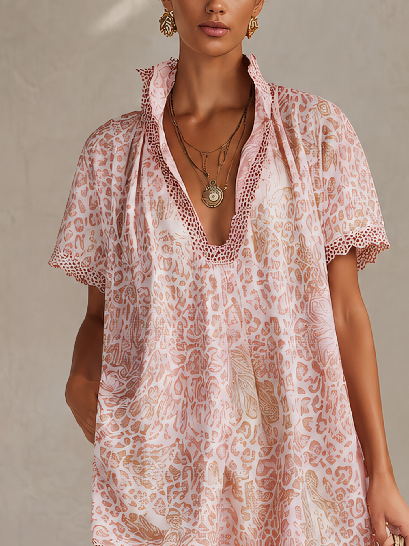 Pink Lace Trim Abstract Leopard Print Mini Dress