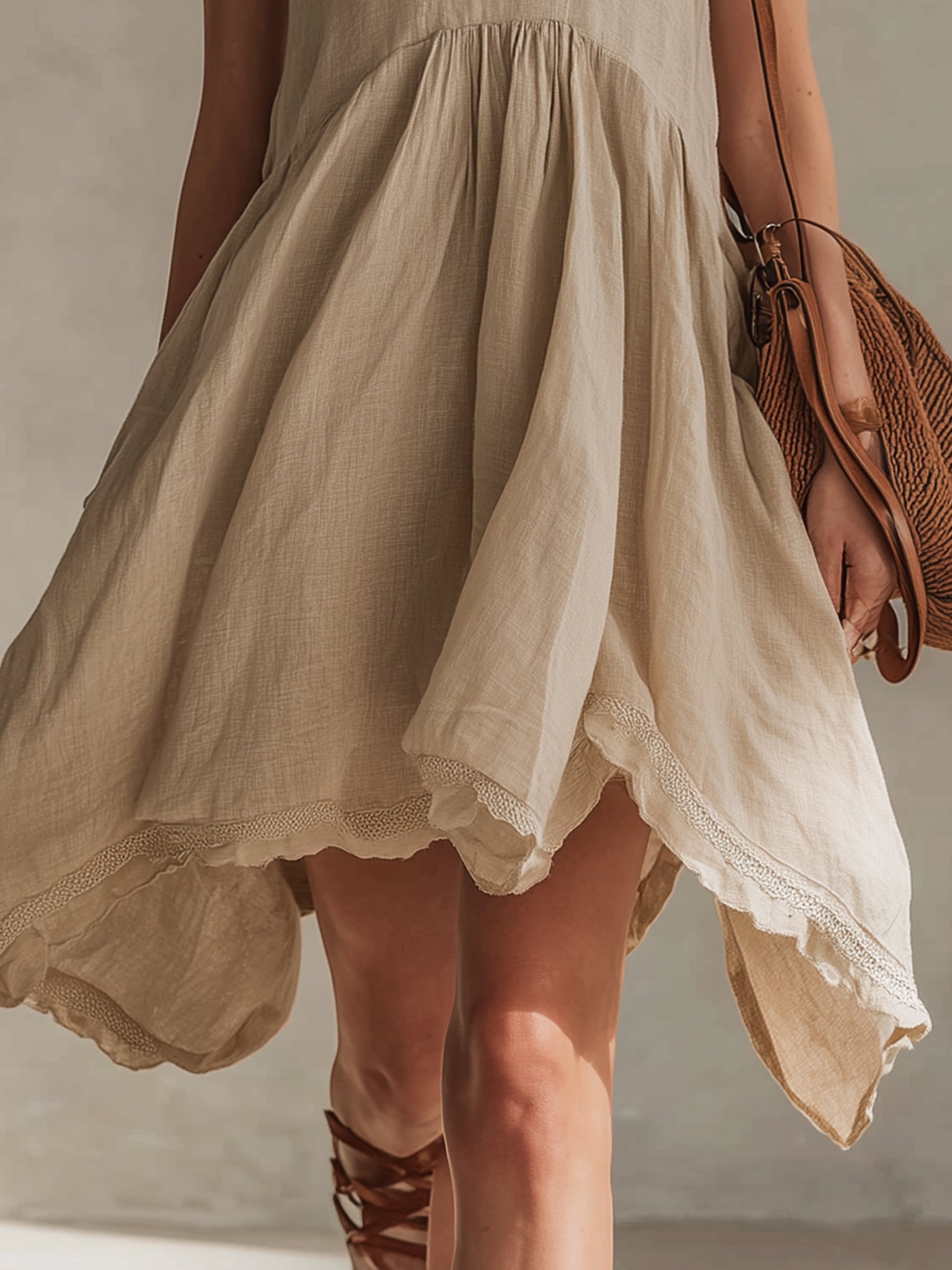 Light Khaki Sleeveless Linen Mini Dress With 3D Floral