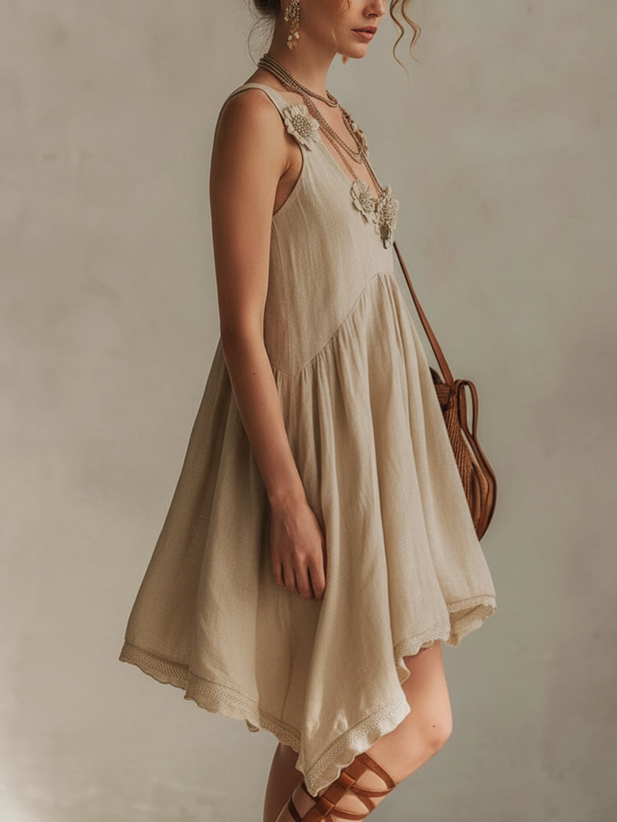 Light Khaki Sleeveless Linen Mini Dress With 3D Floral