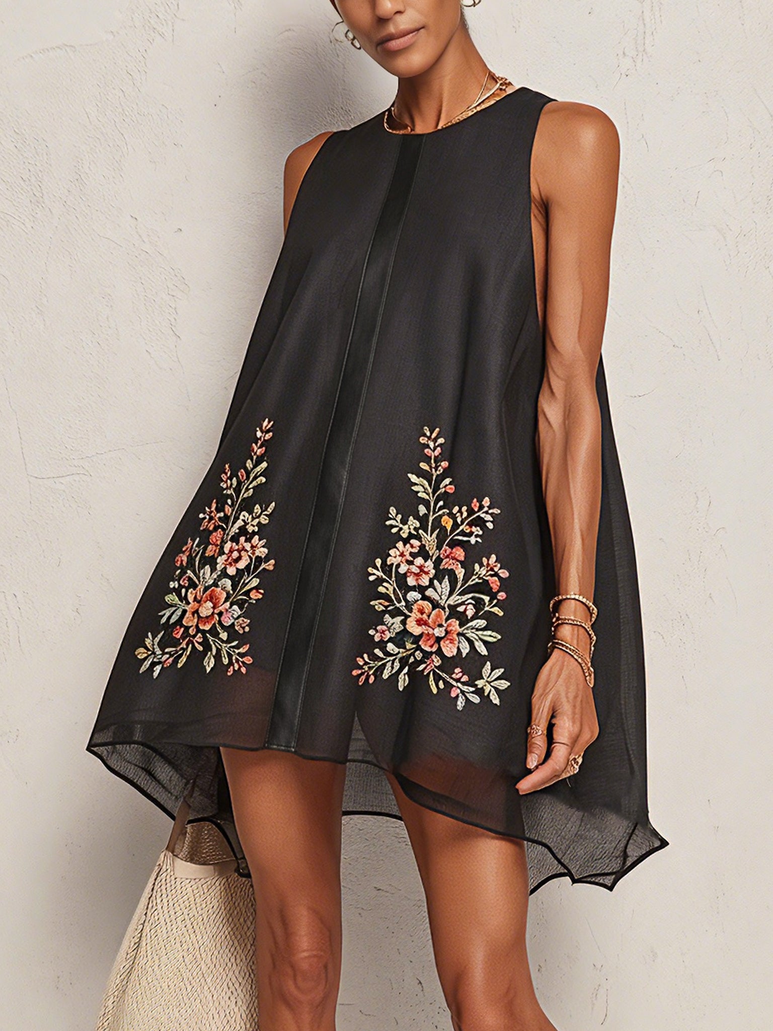 Black Sleeveless Linen Embroidered Mini Dress